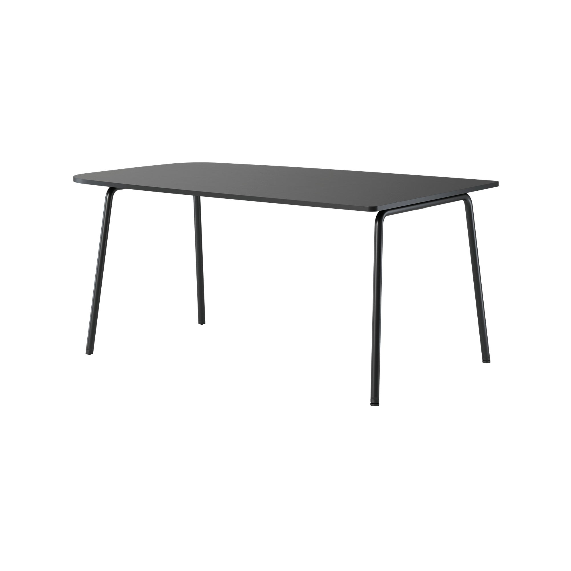 A black dining table with black legs.