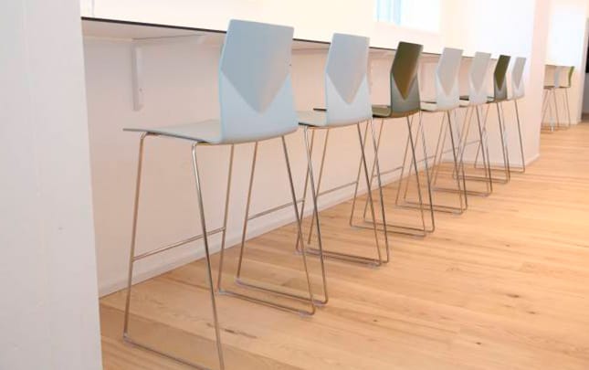 A row of counter chairs in an office.
