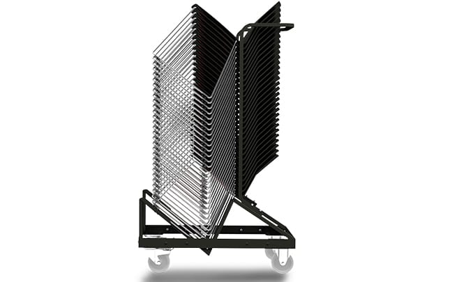A stack of black folding chairs on a cart.