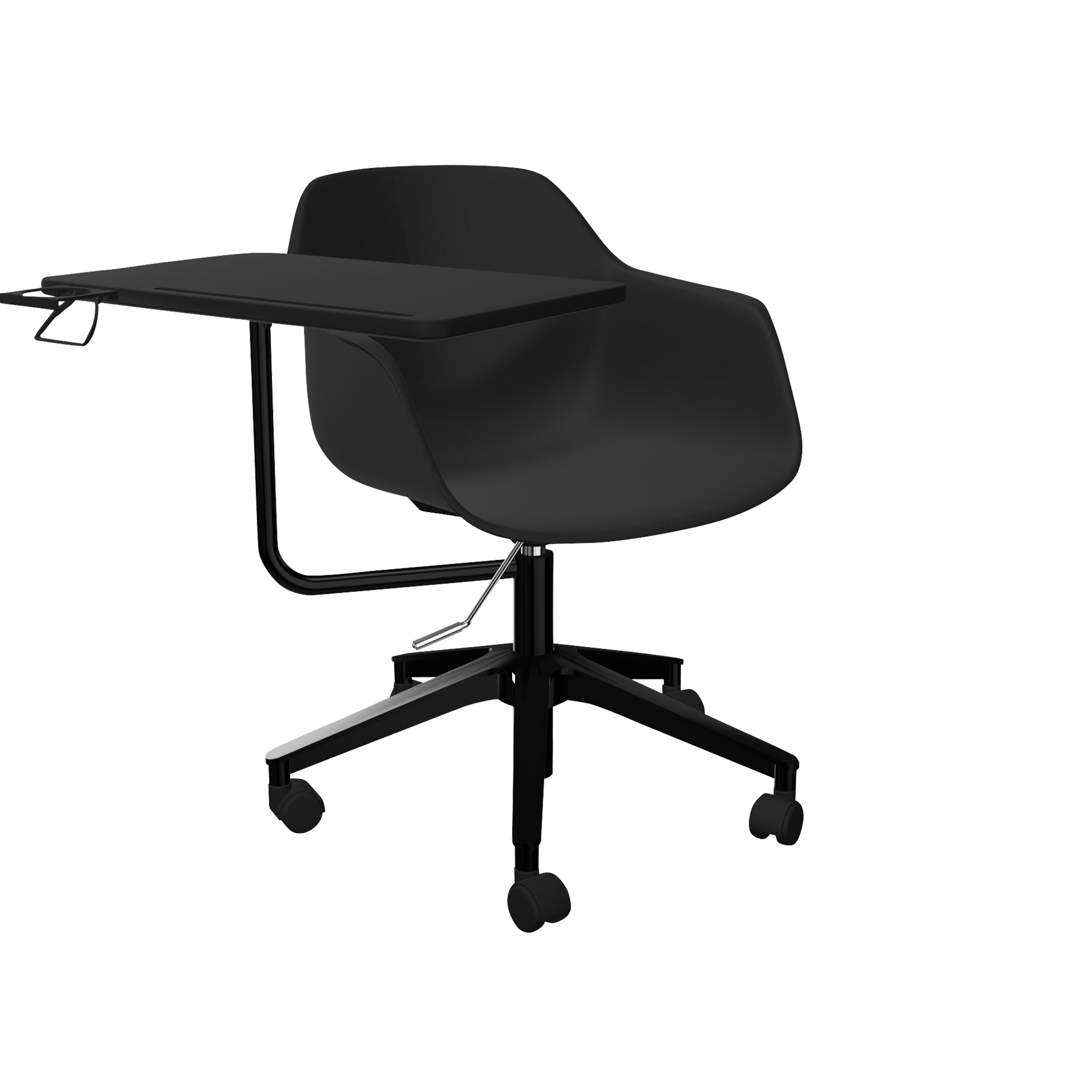 A black office chair with a desk and wheels.