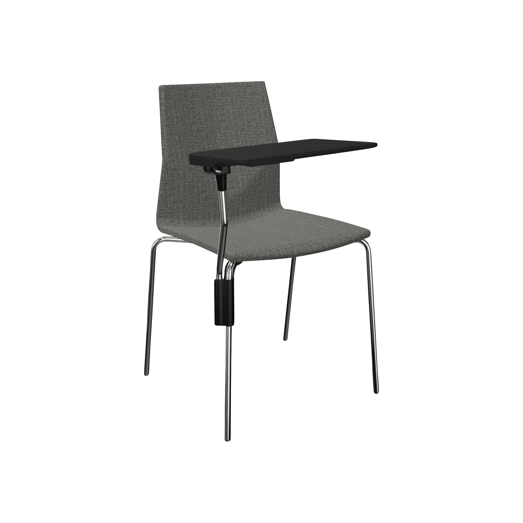 grey chair with metal legs and black laptop tray