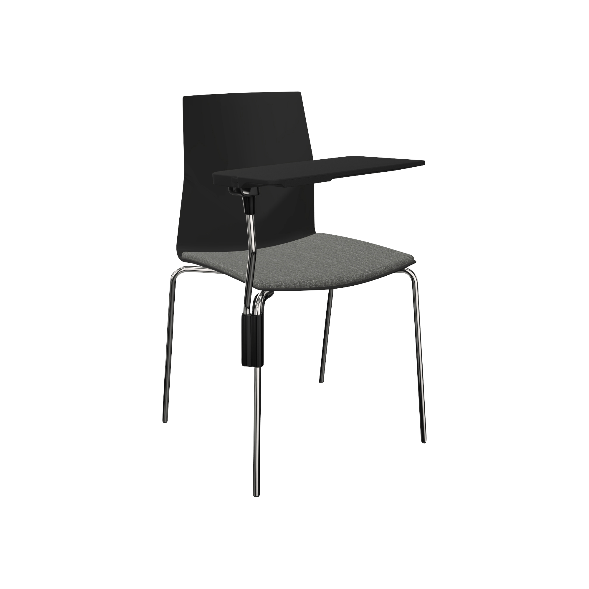 black chair with grey seat and metal legs and black laptop tray