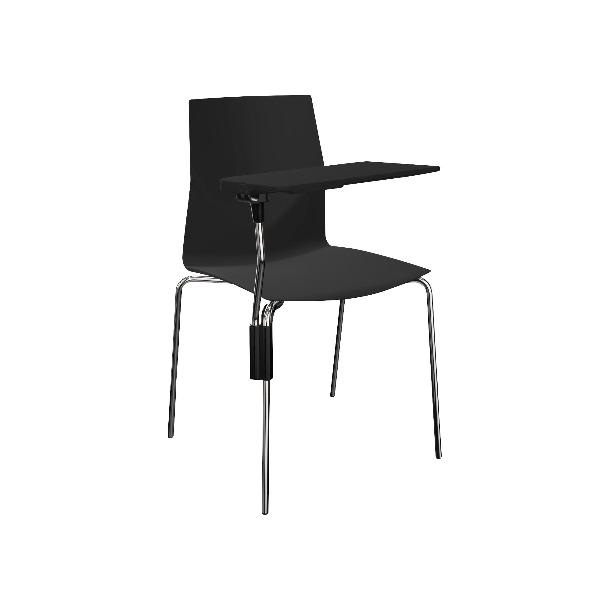 black chair with metal legs and black laptop tray
