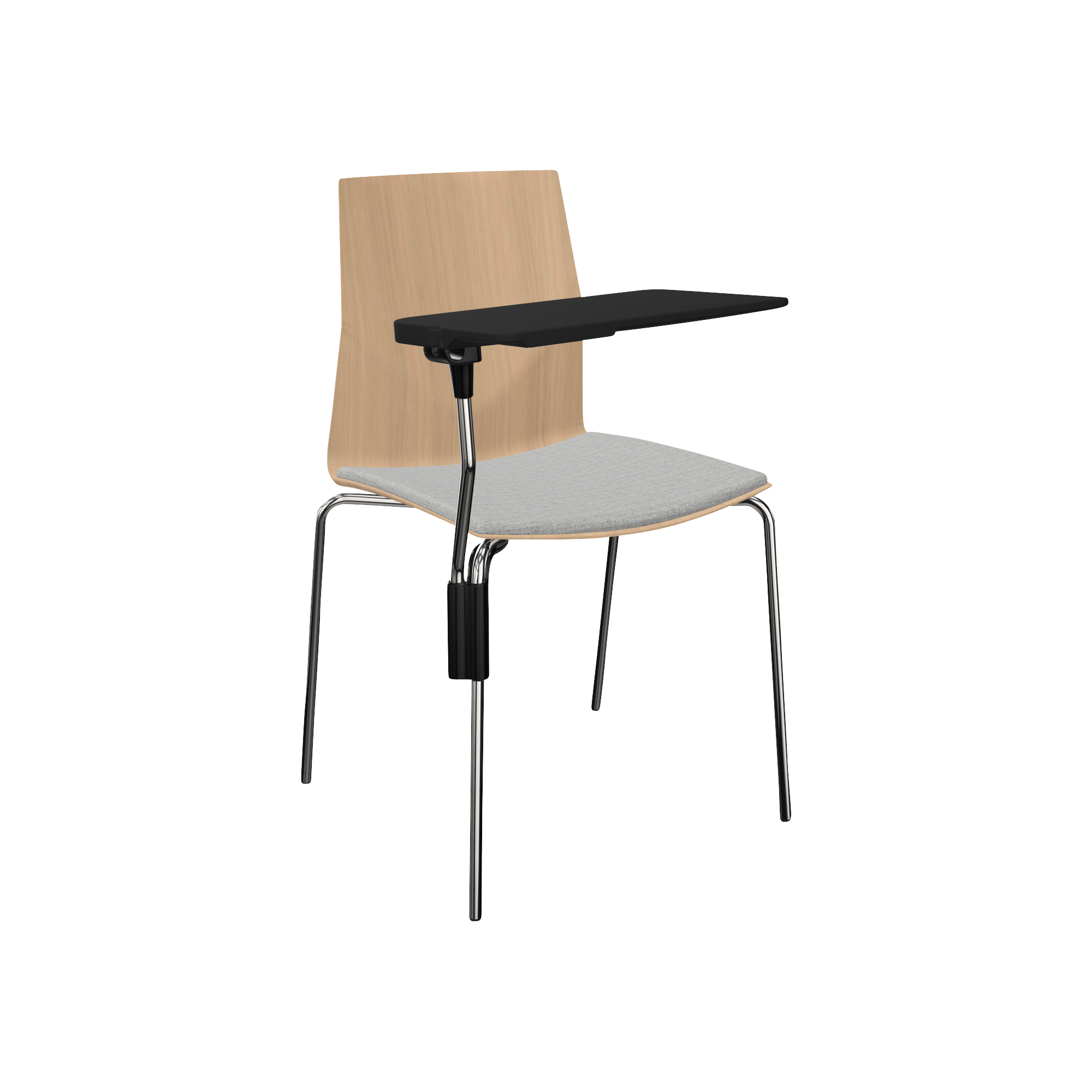 wooden chair with grey seat and metal legs and black laptop tray