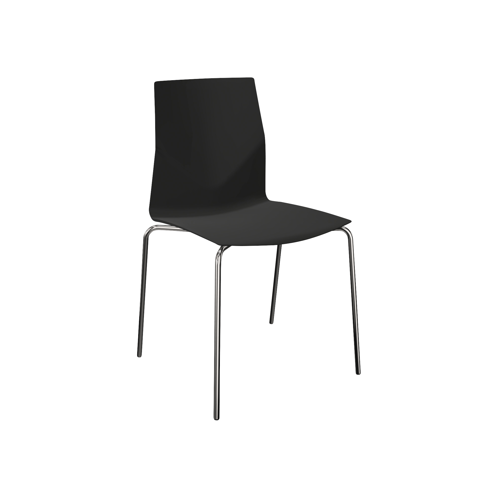 A black chair with 4 chrome legs