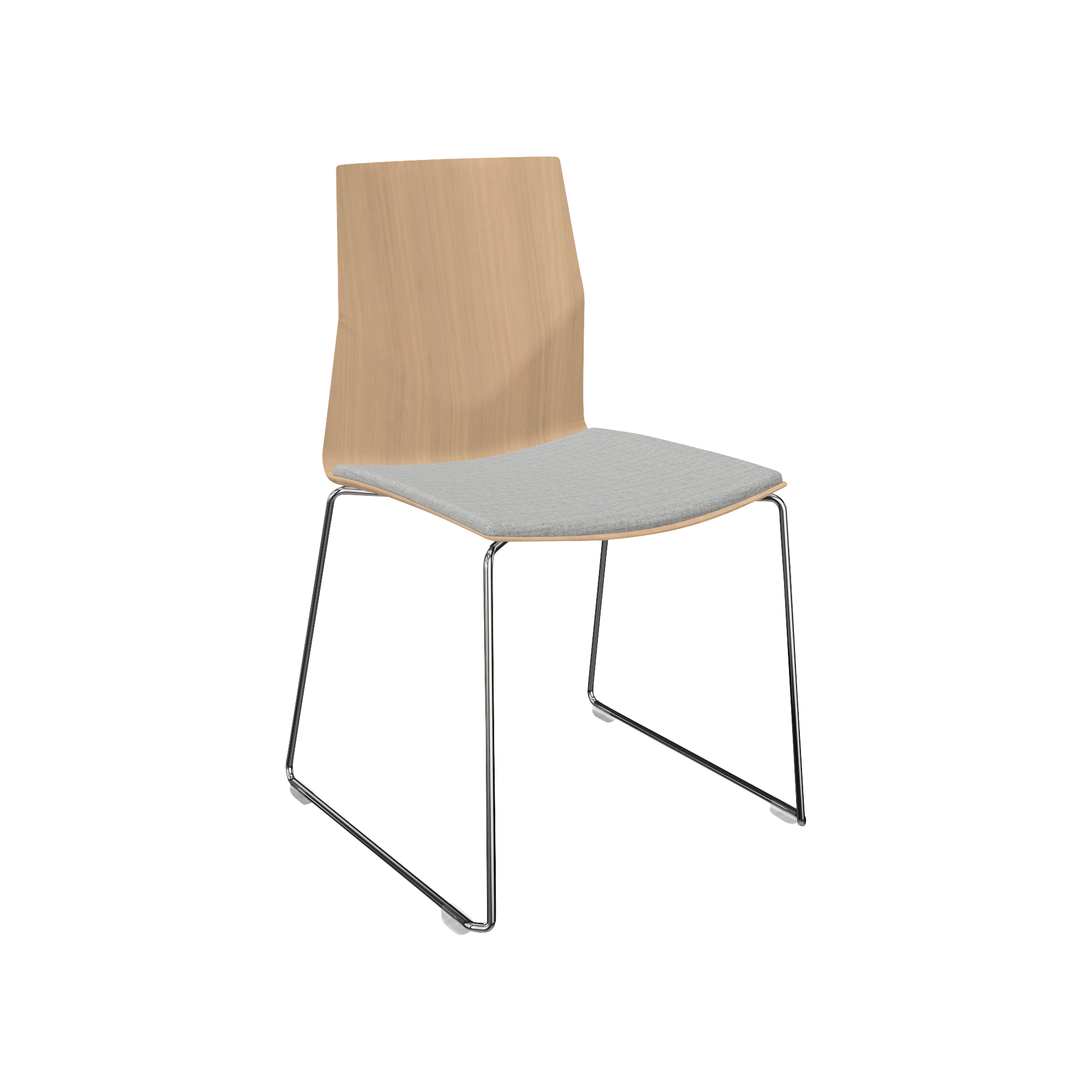 wooden chair with grey seat and metal legs