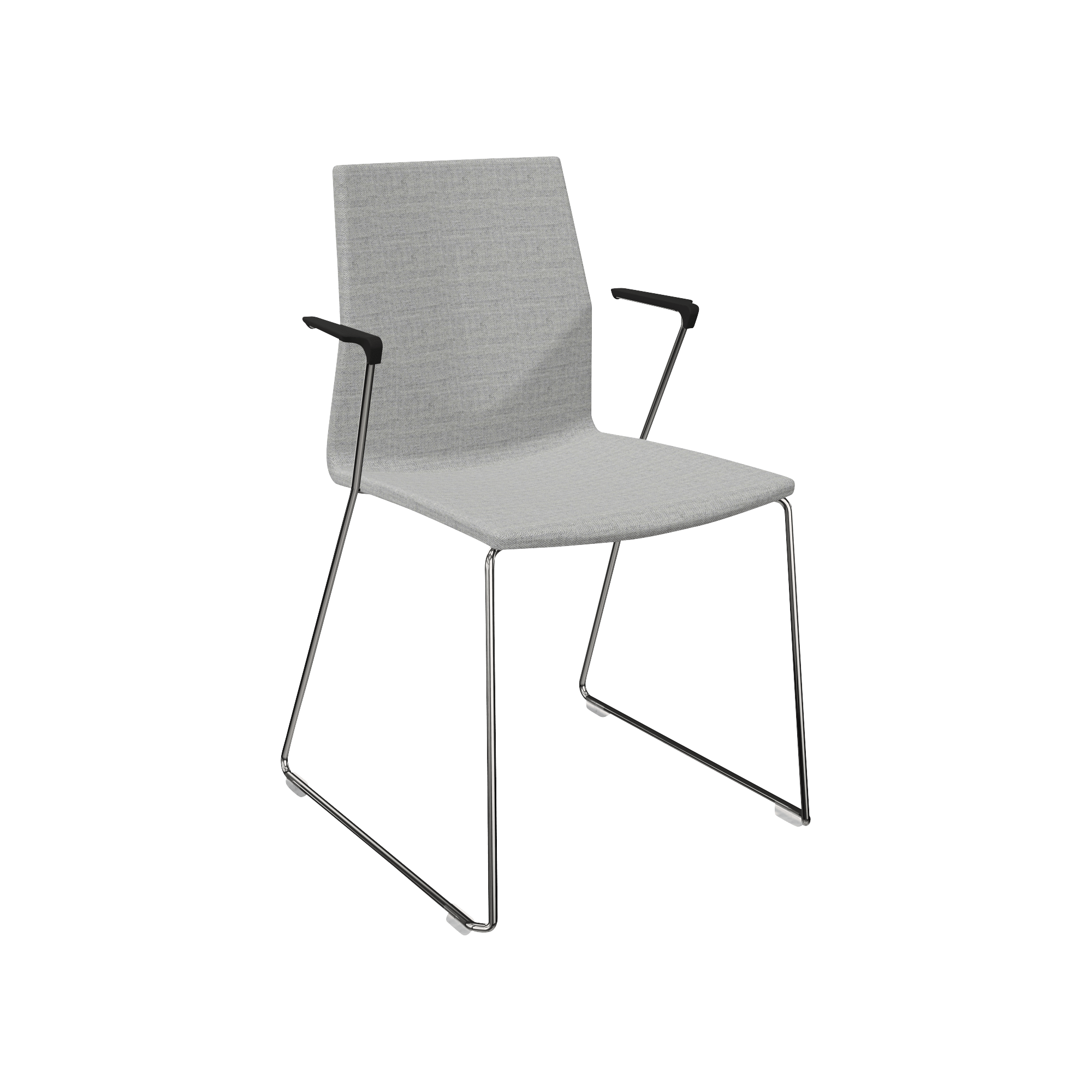 grey chair with metal legs and arm rests