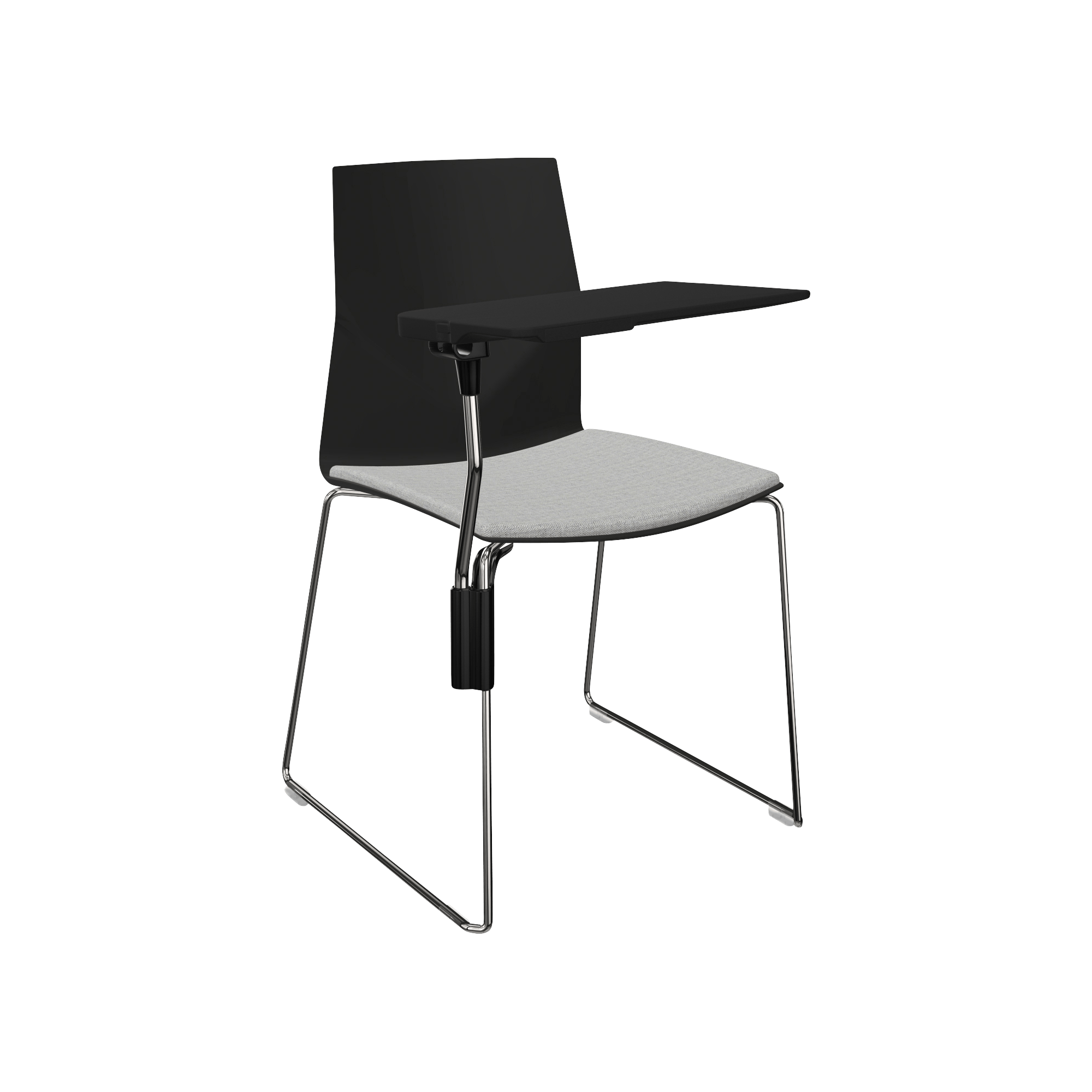 black chair with grey seat and metal legs and black laptop tray