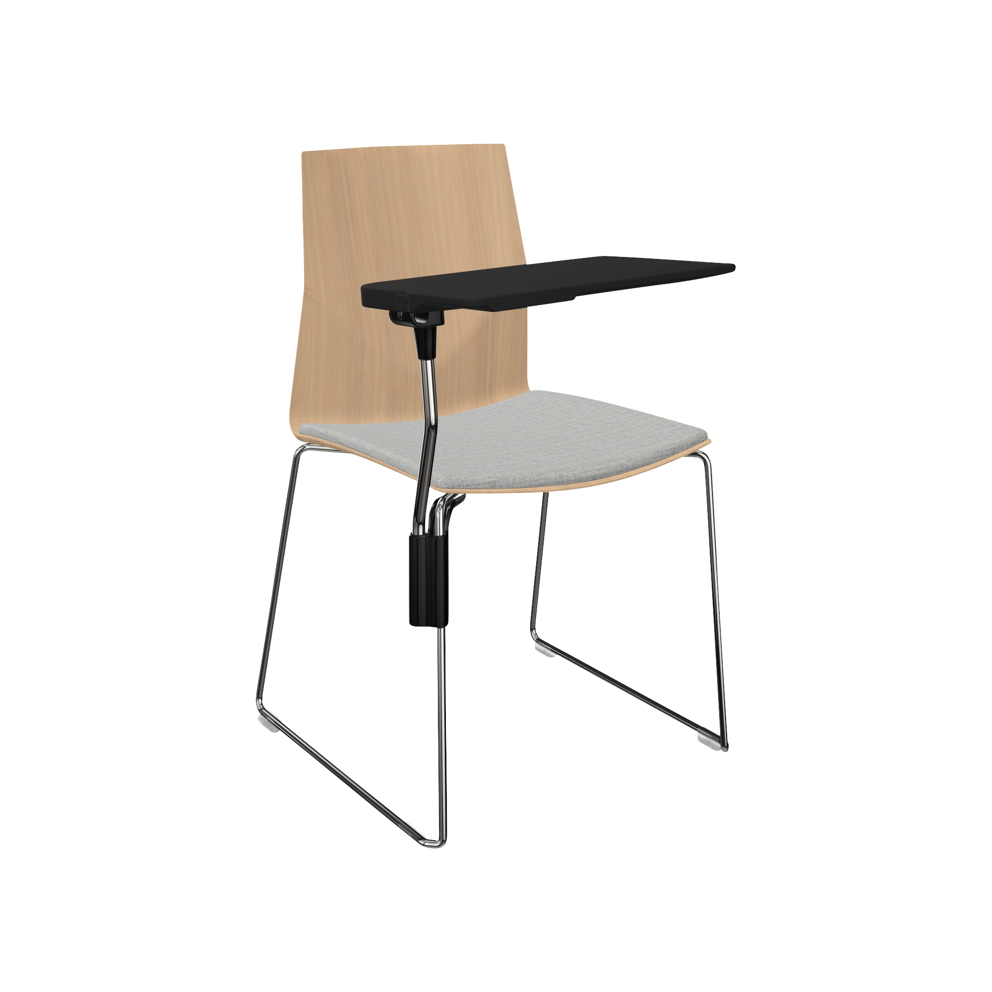 wooden chair with grey seat and metal legs and black laptop tray