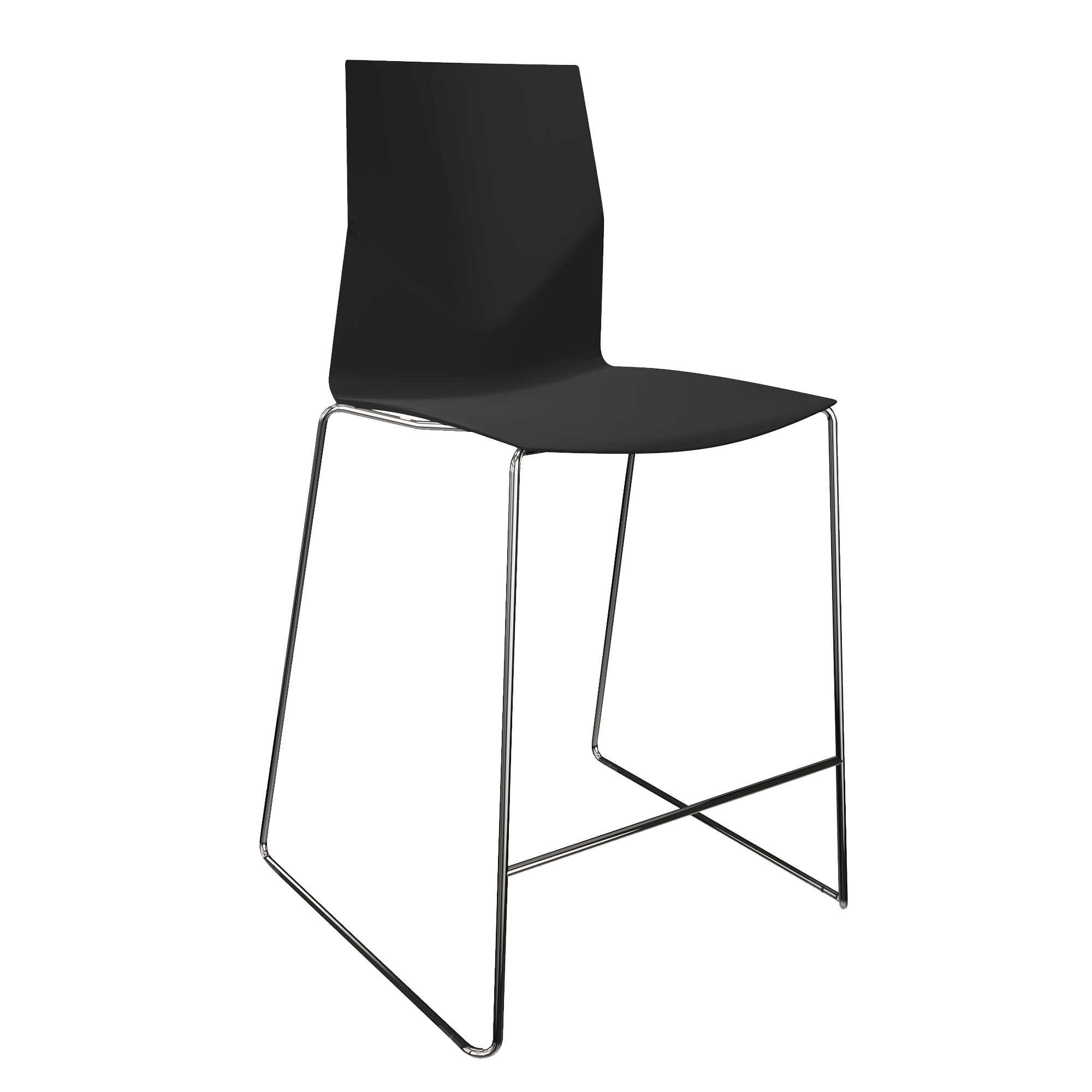 Mid height counter chair with a black seat and two chrome legs