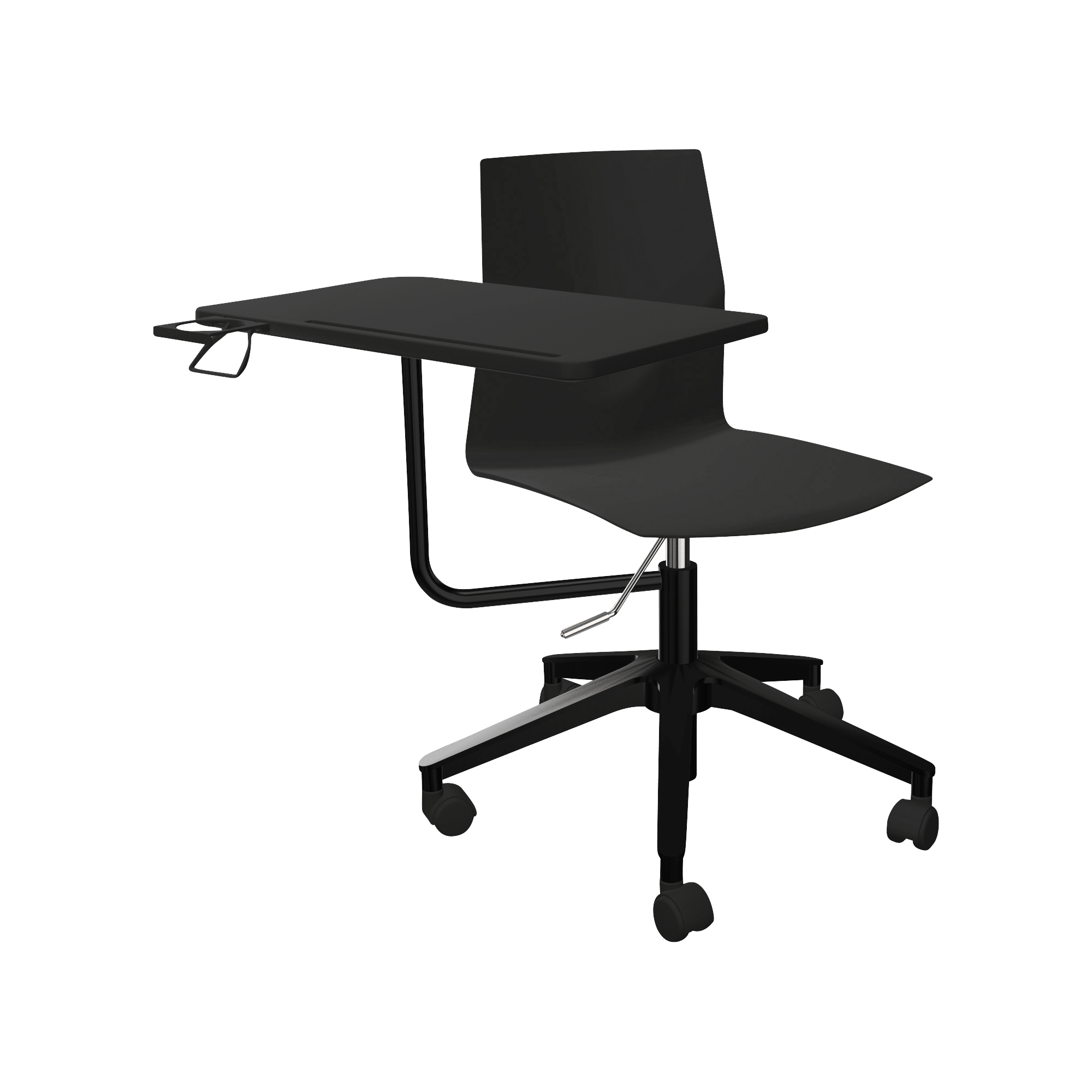 A black and gray office chair with a table.