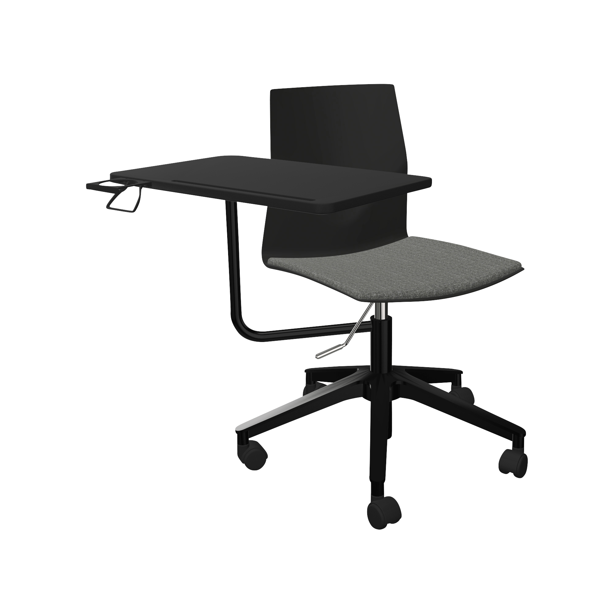 A black and gray office chair with a table.