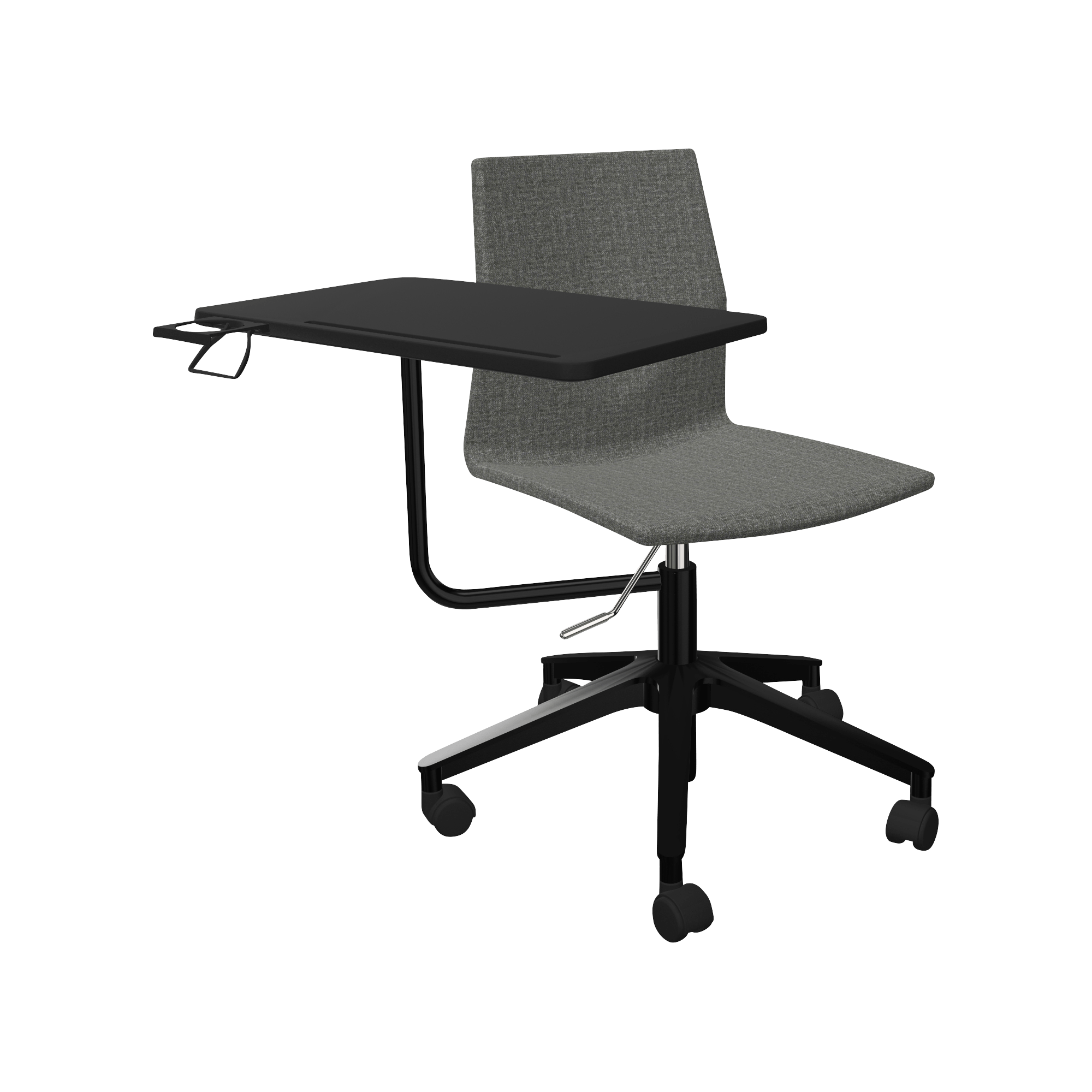 A black and gray office chair with a table.