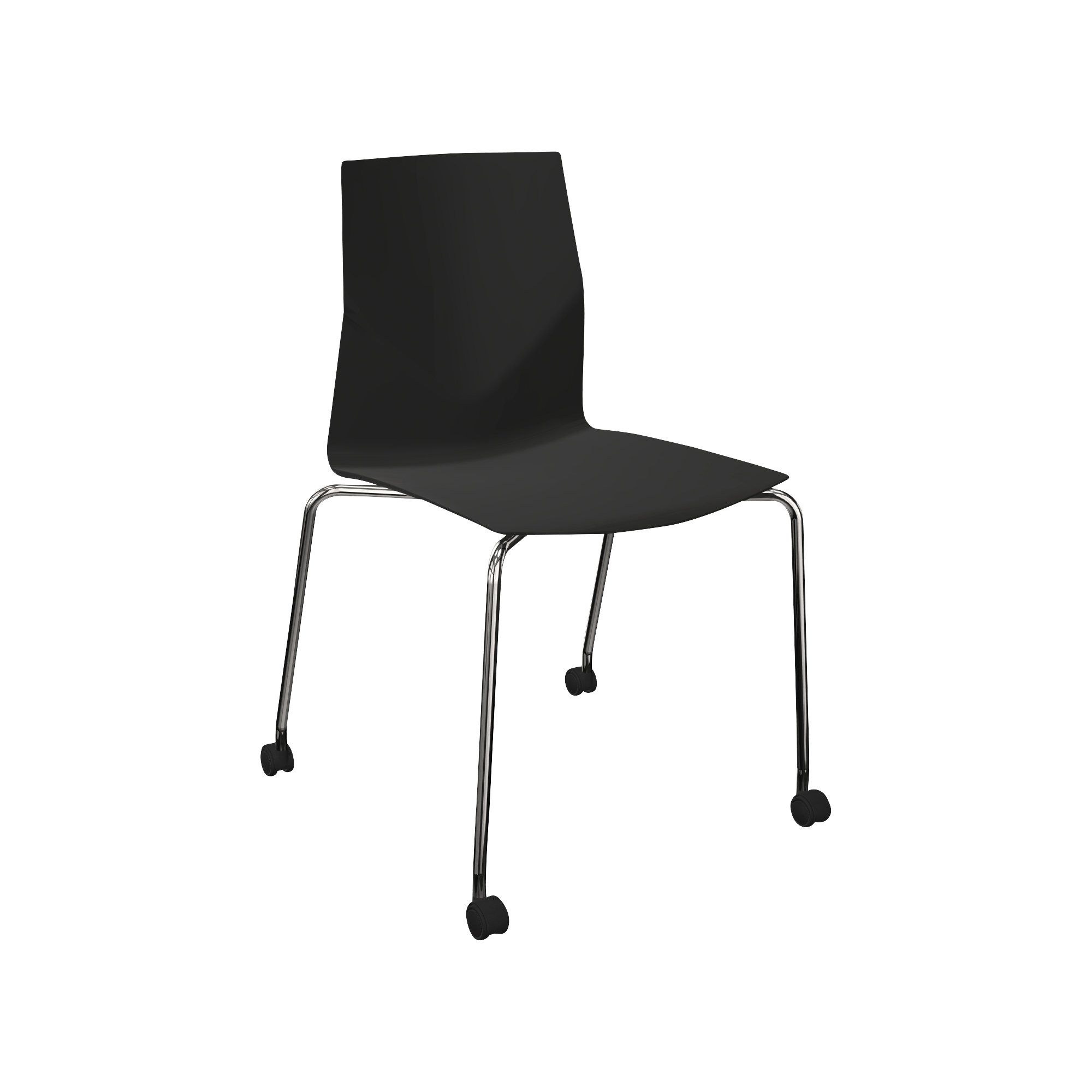 A black chair with 4 chrome legs with wheels