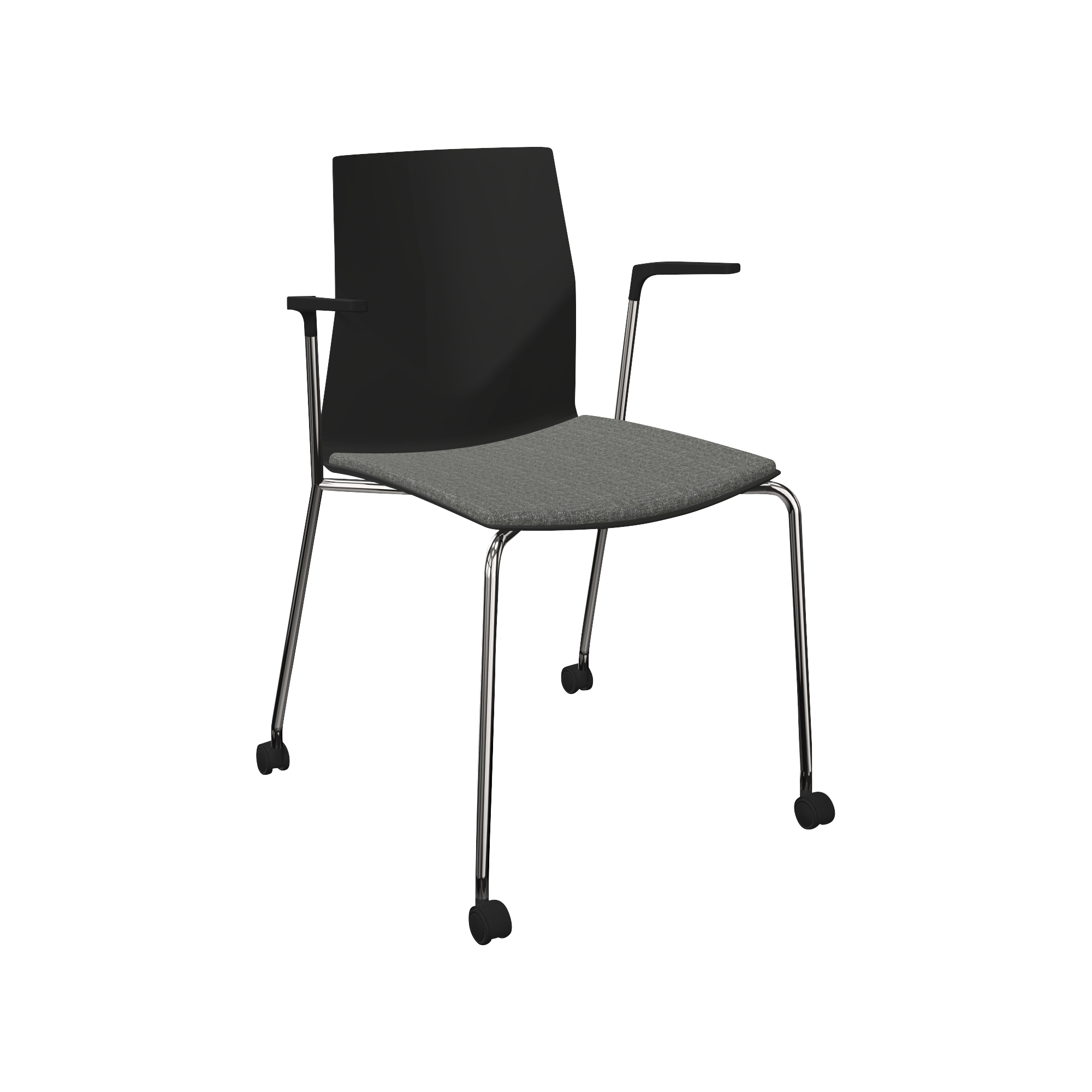 A black and grey chair with wheels