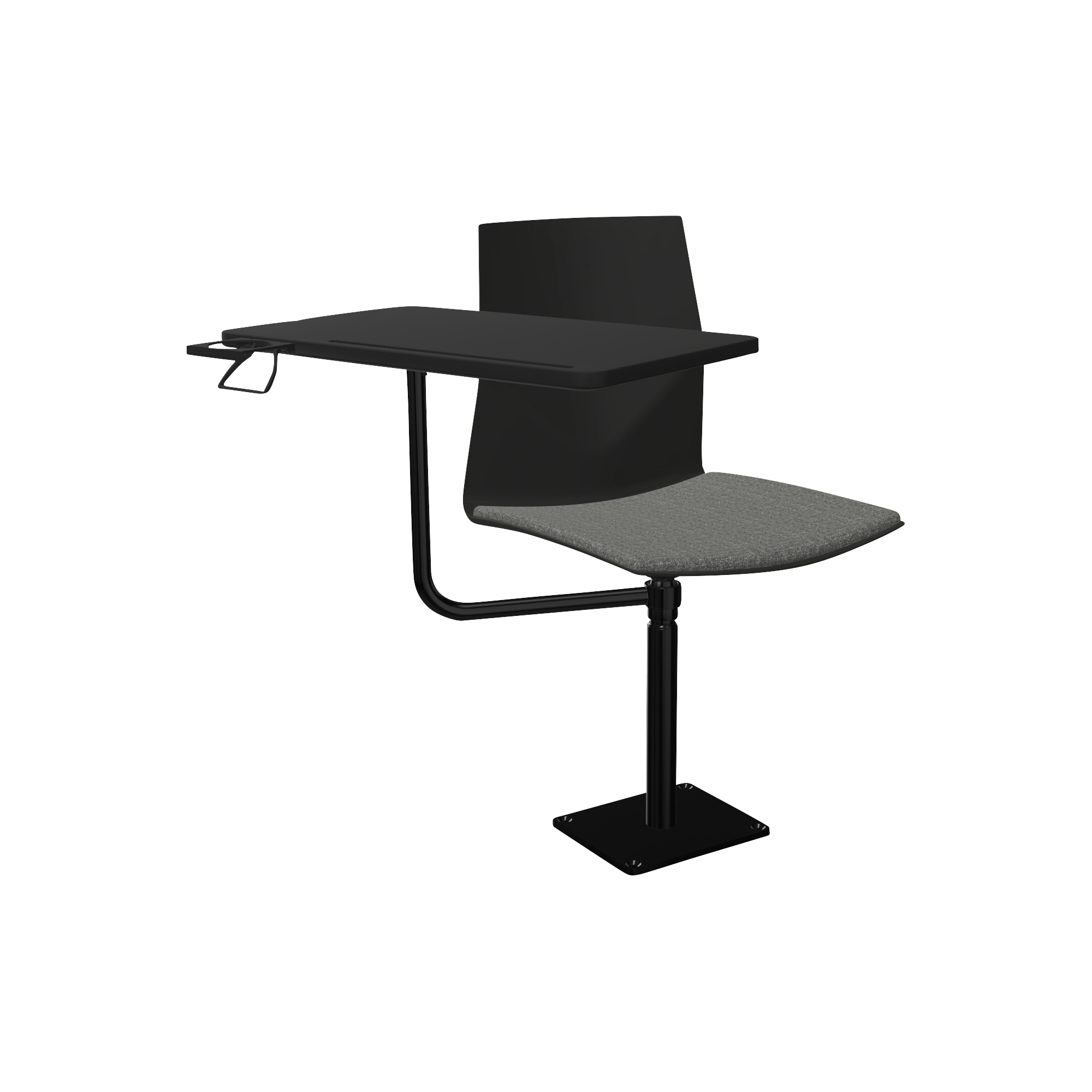 A black chair with a desk on it.