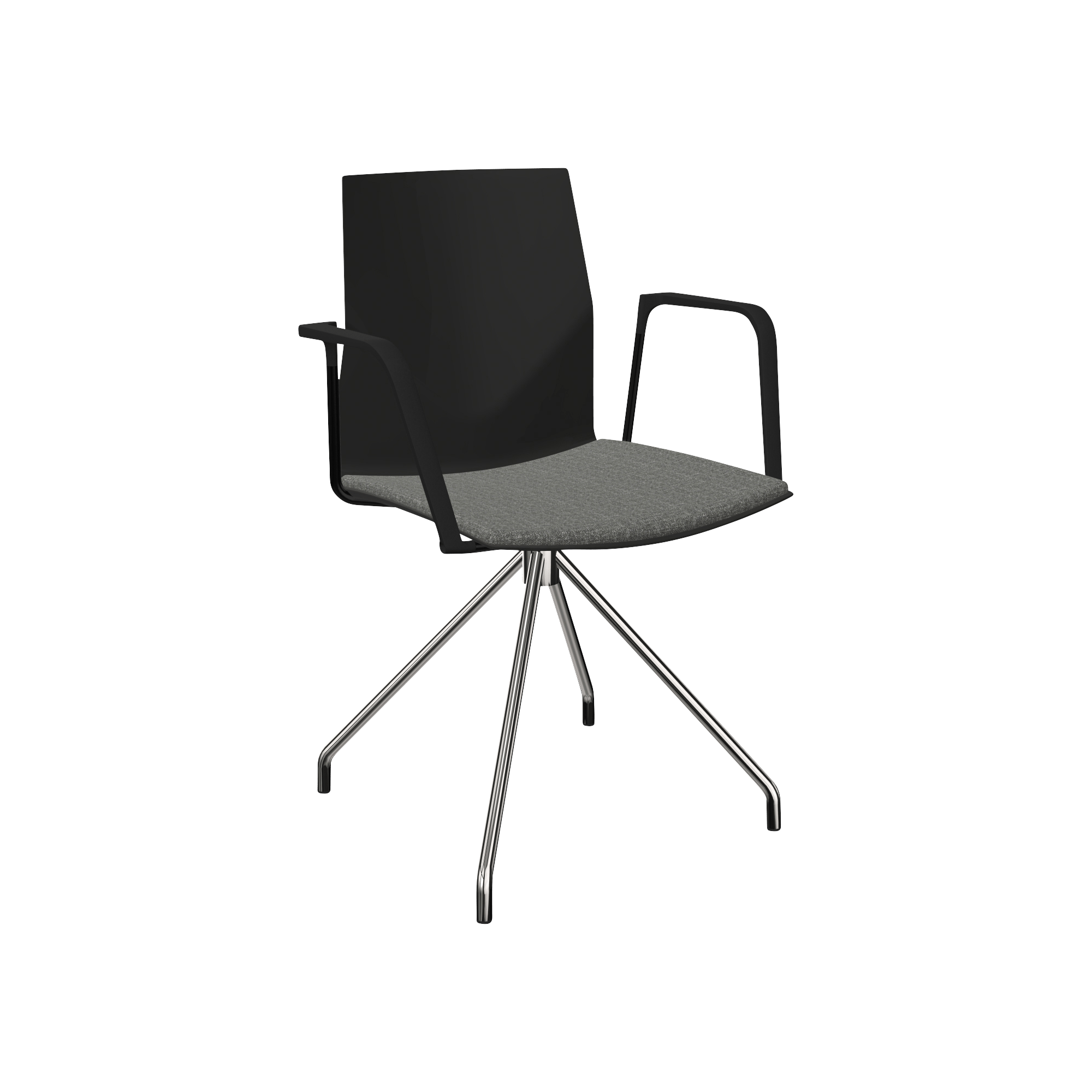 Black chair with grey seat and black arm rests and chrome leg