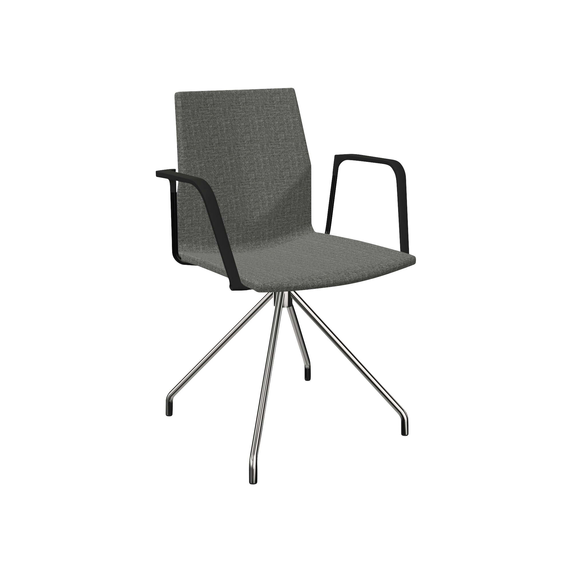 Grey chair with black arm rests and chrome leg