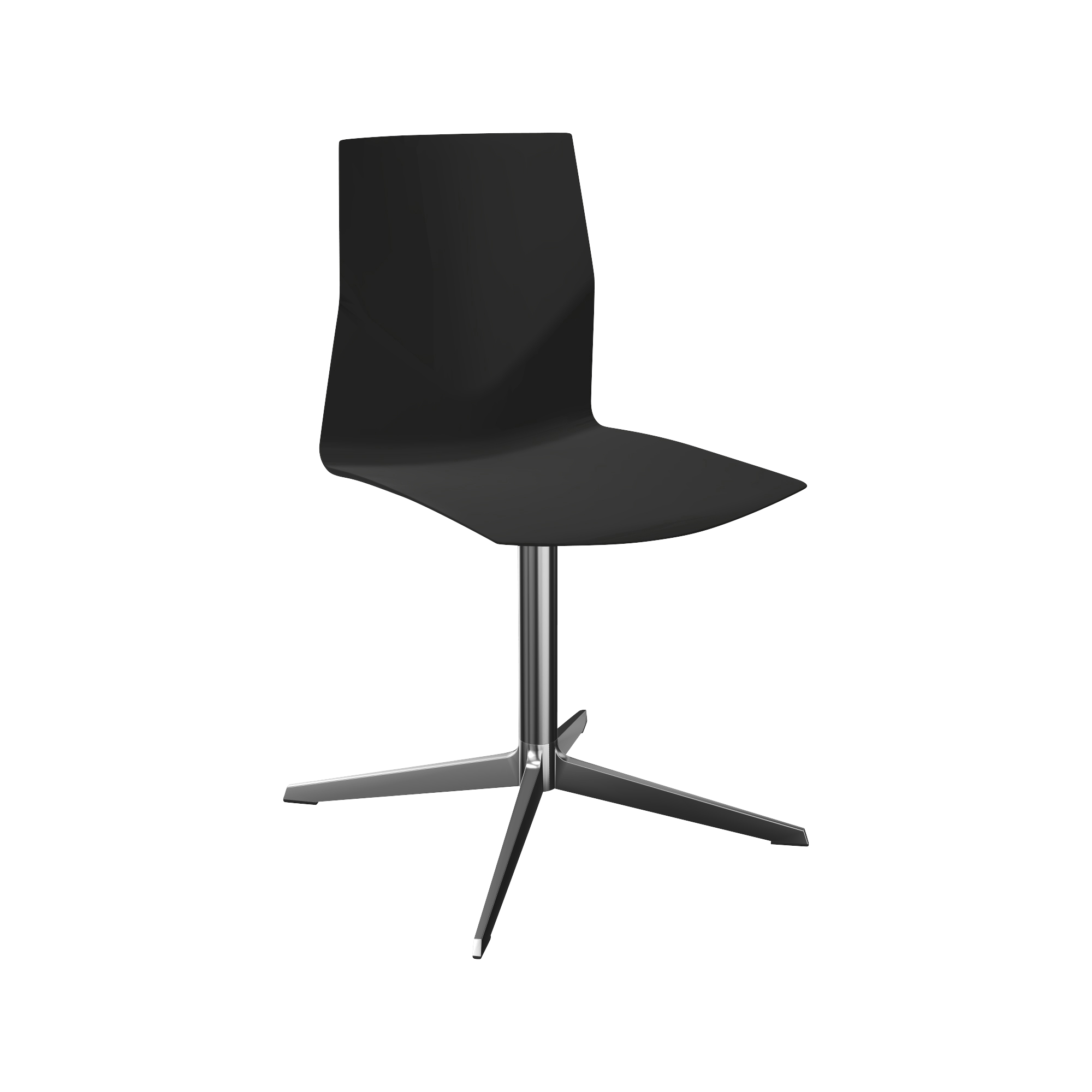 A black office chair and a chrome pedestal leg