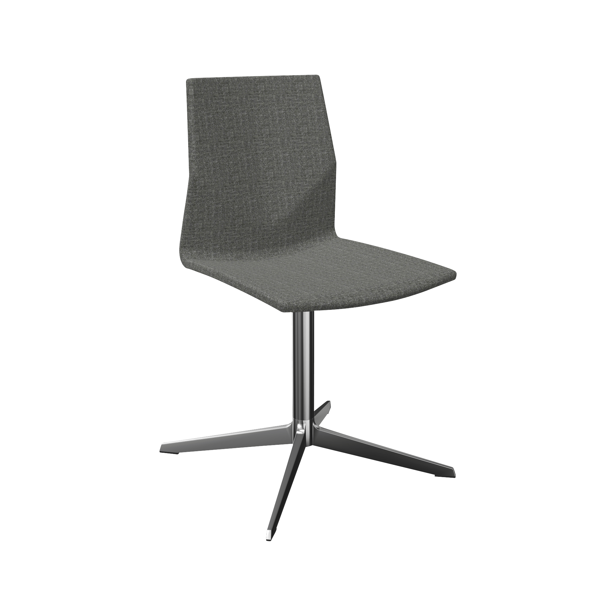 A grey office chair and a chrome pedestal leg