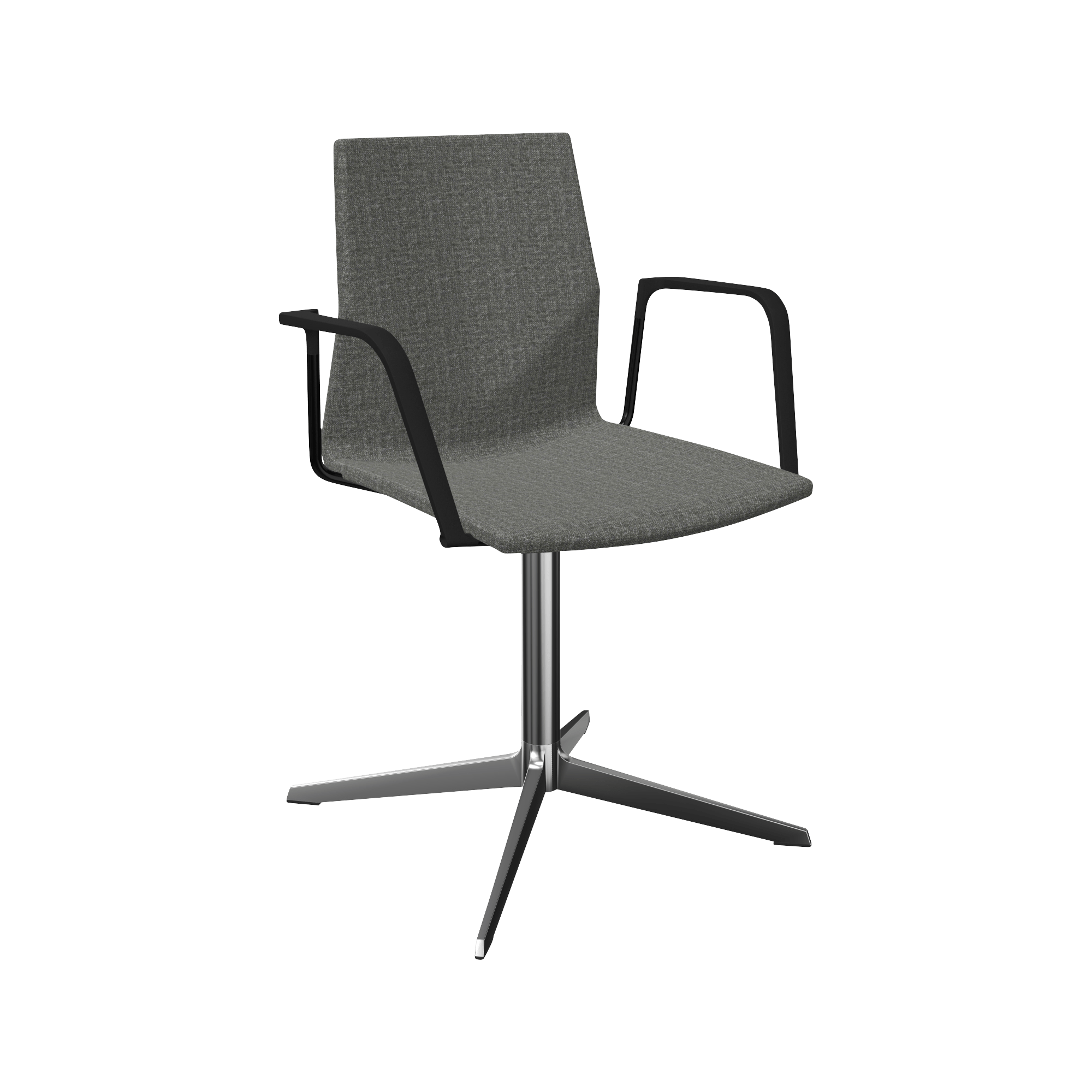 A grey office chair with black arm rests and a chrome pedestal leg