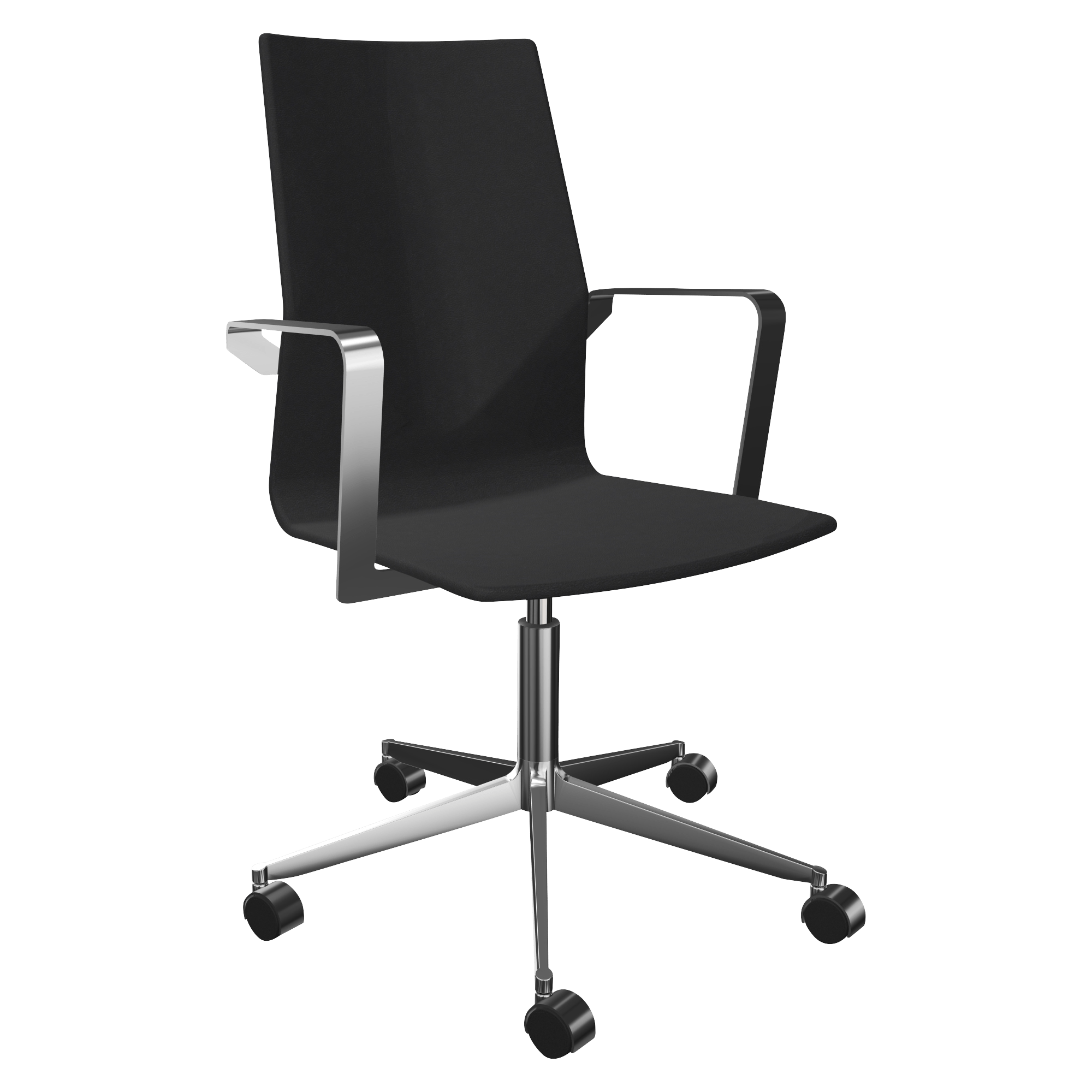 A black office chair with arm rests with a pedestal leg and wheels