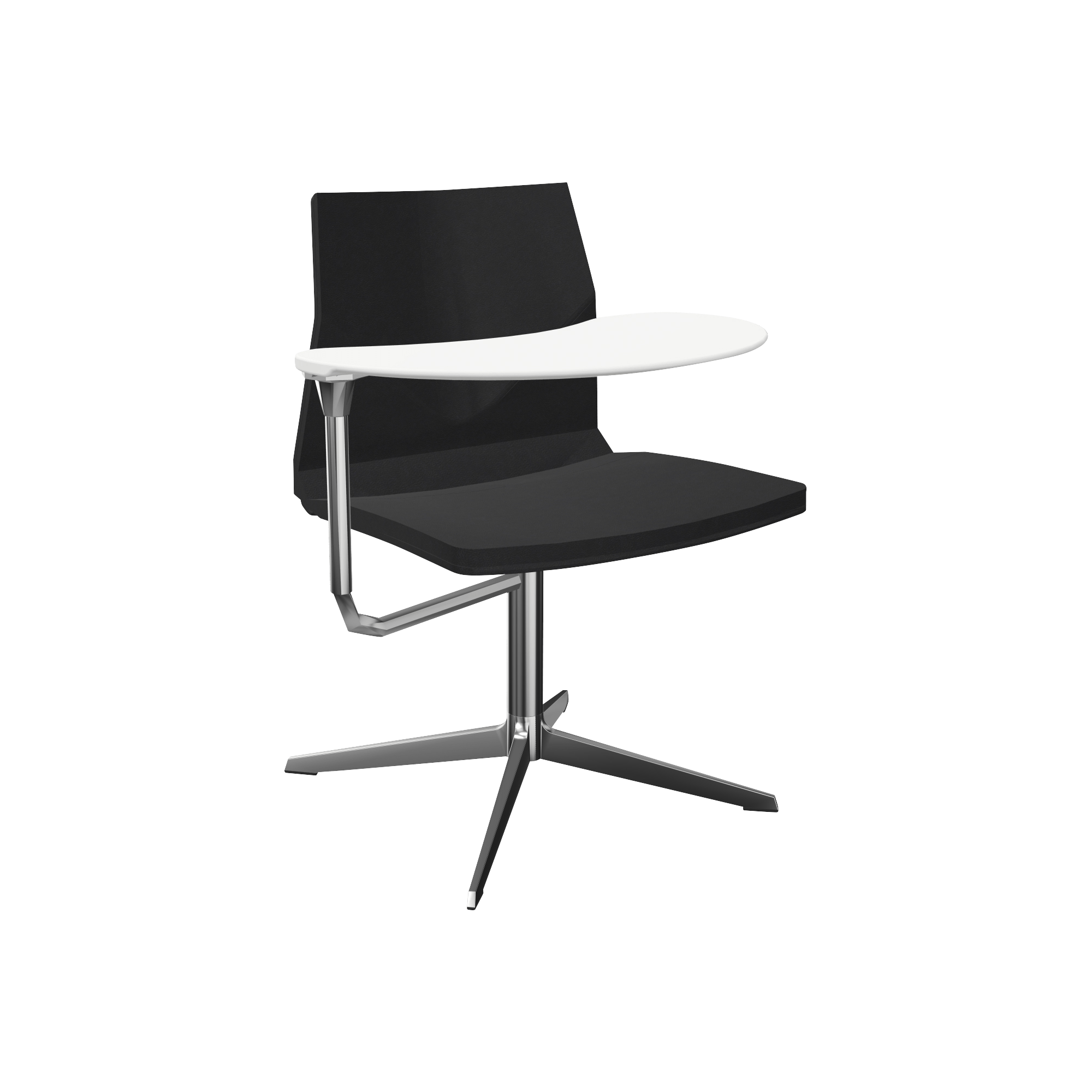 Black chair with white laptop tray attached and chrome pedestal leg