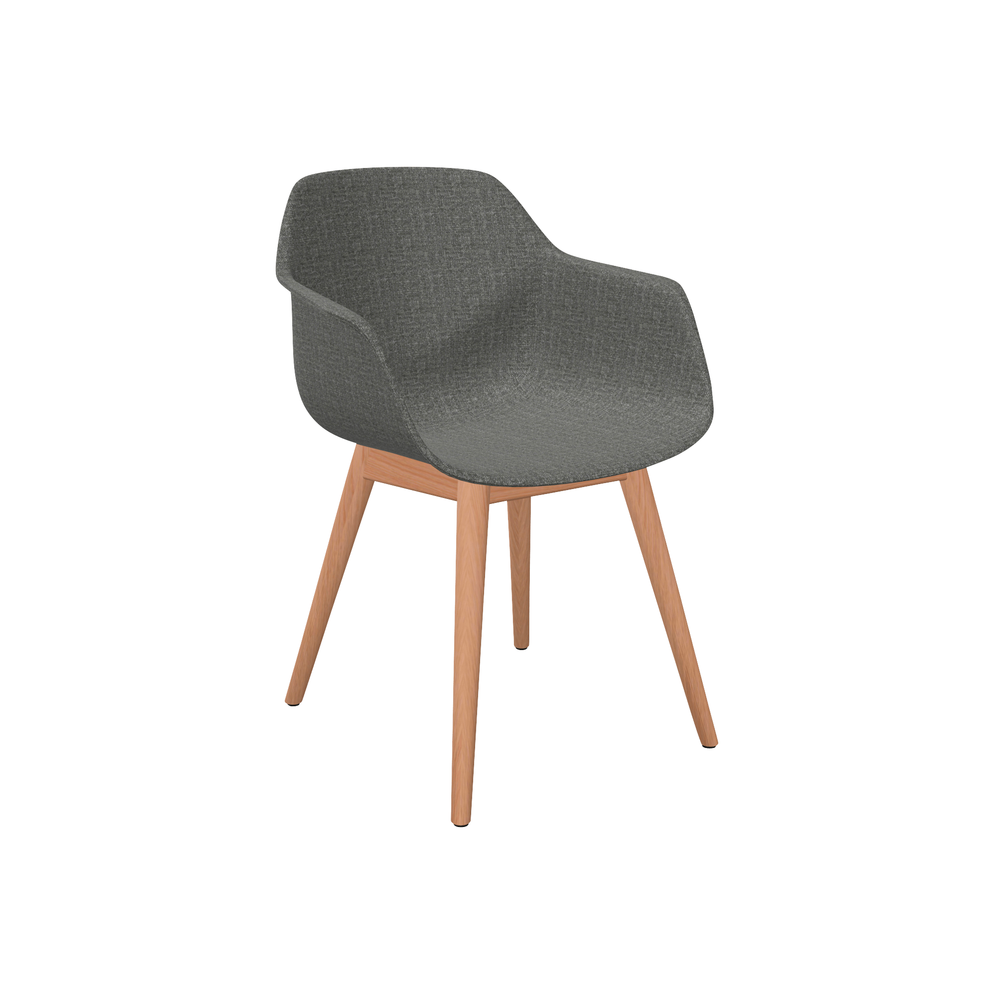 A grey upholstered chair with wooden legs.