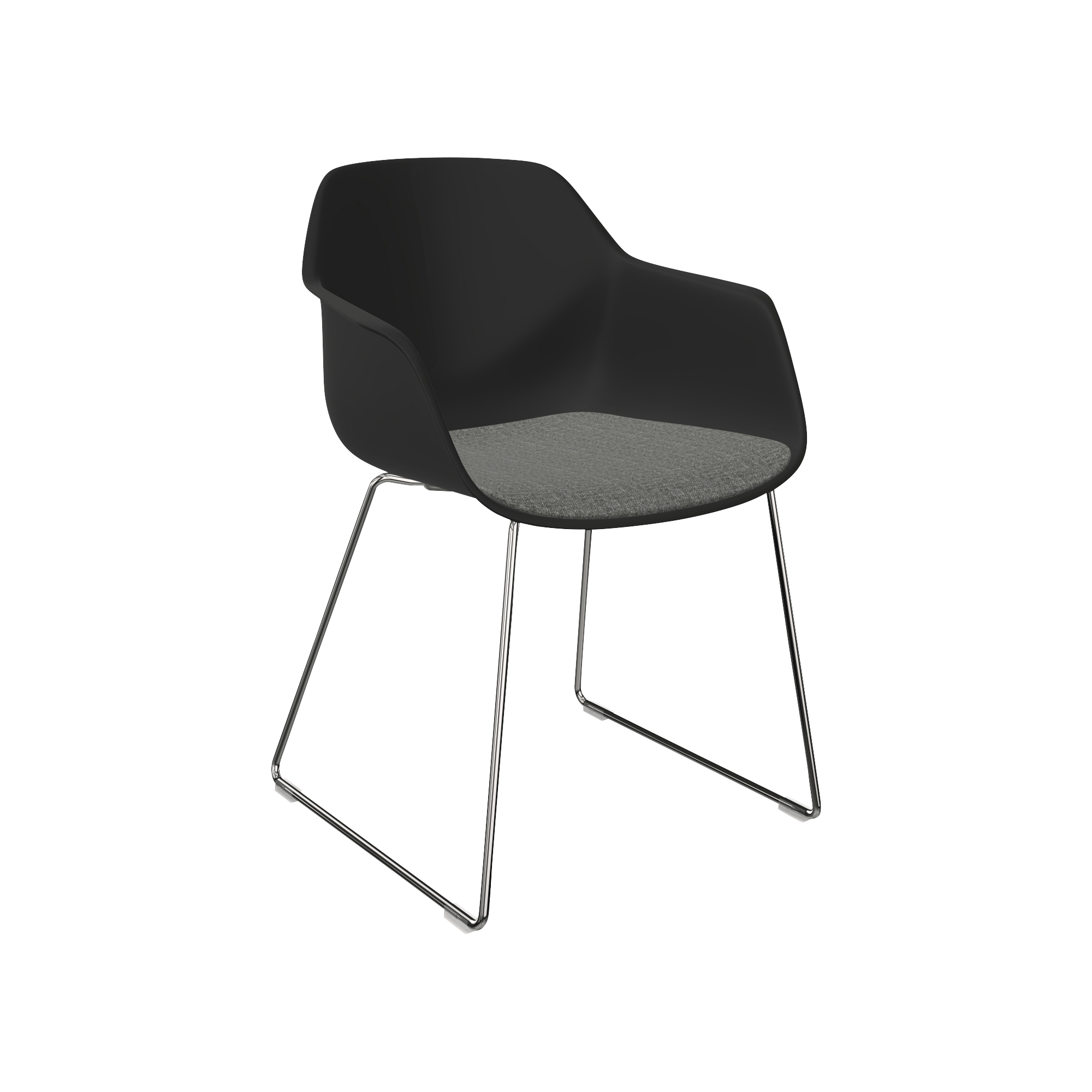 A black chair with a grey frame