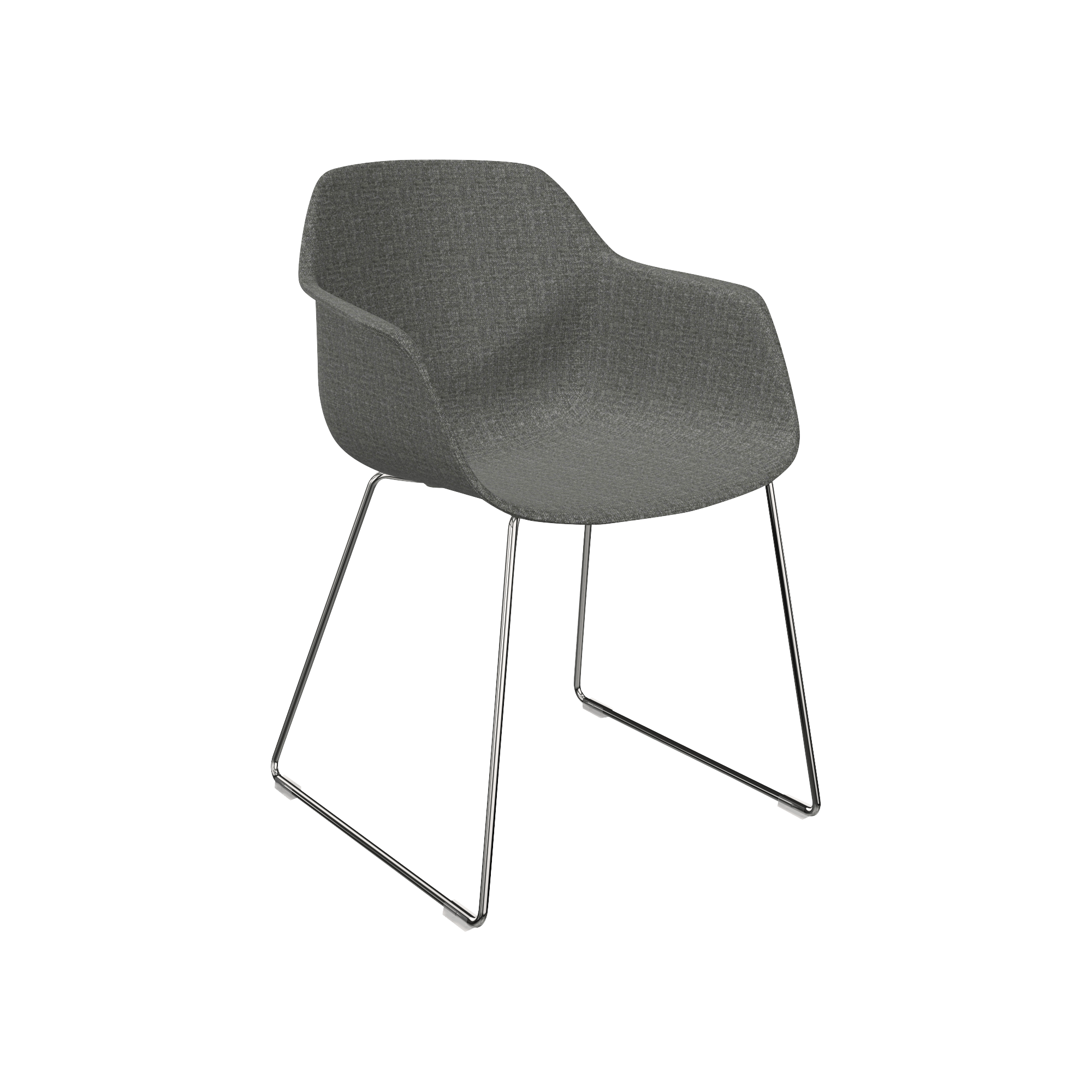 A grey upholstered chair with a metal frame.