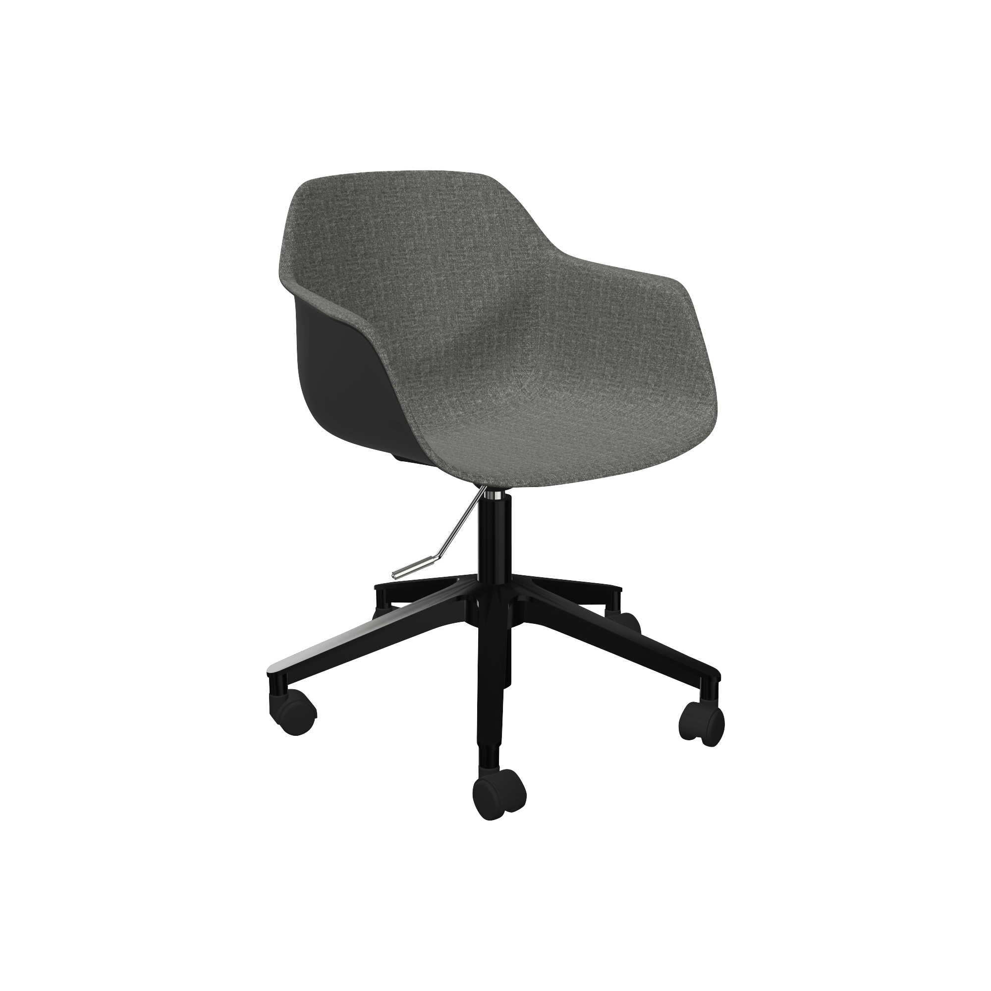 A grey office chair on casters.