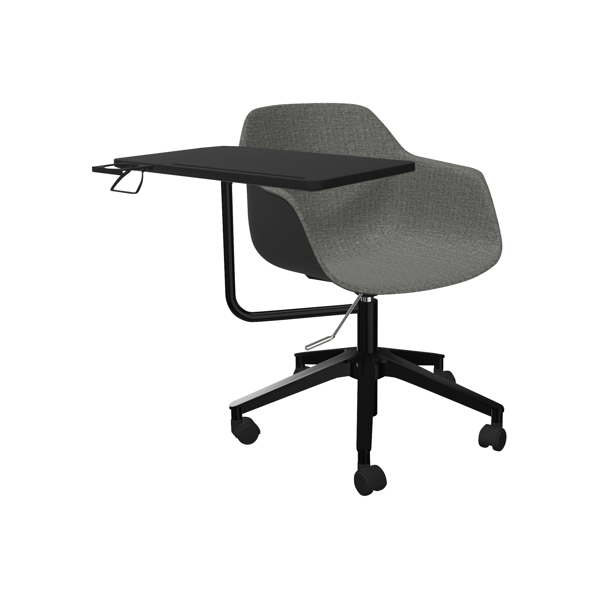A black office chair with a black desk.