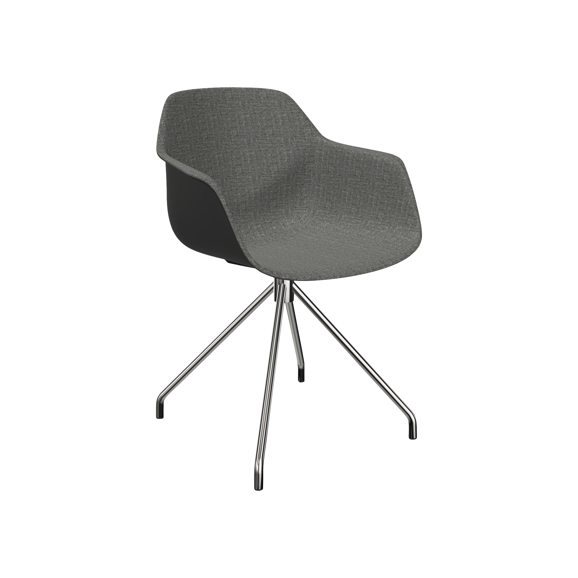 A chair with a grey fabric and metal legs.