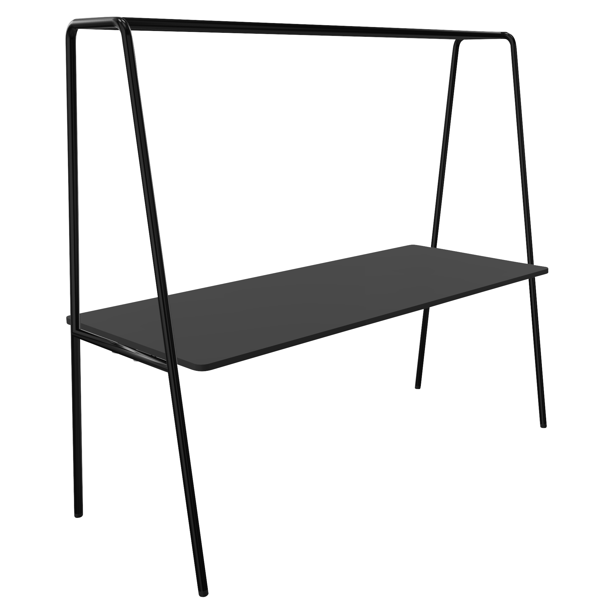 Black community table with black desk and overhead bar