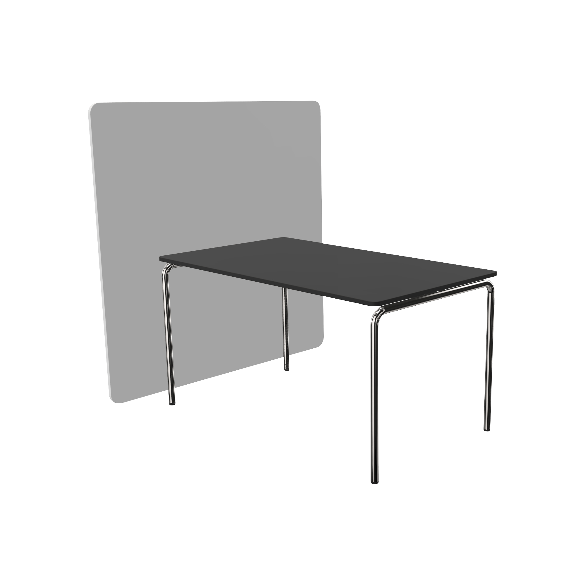 A black table with a grey screen divider attached to it
