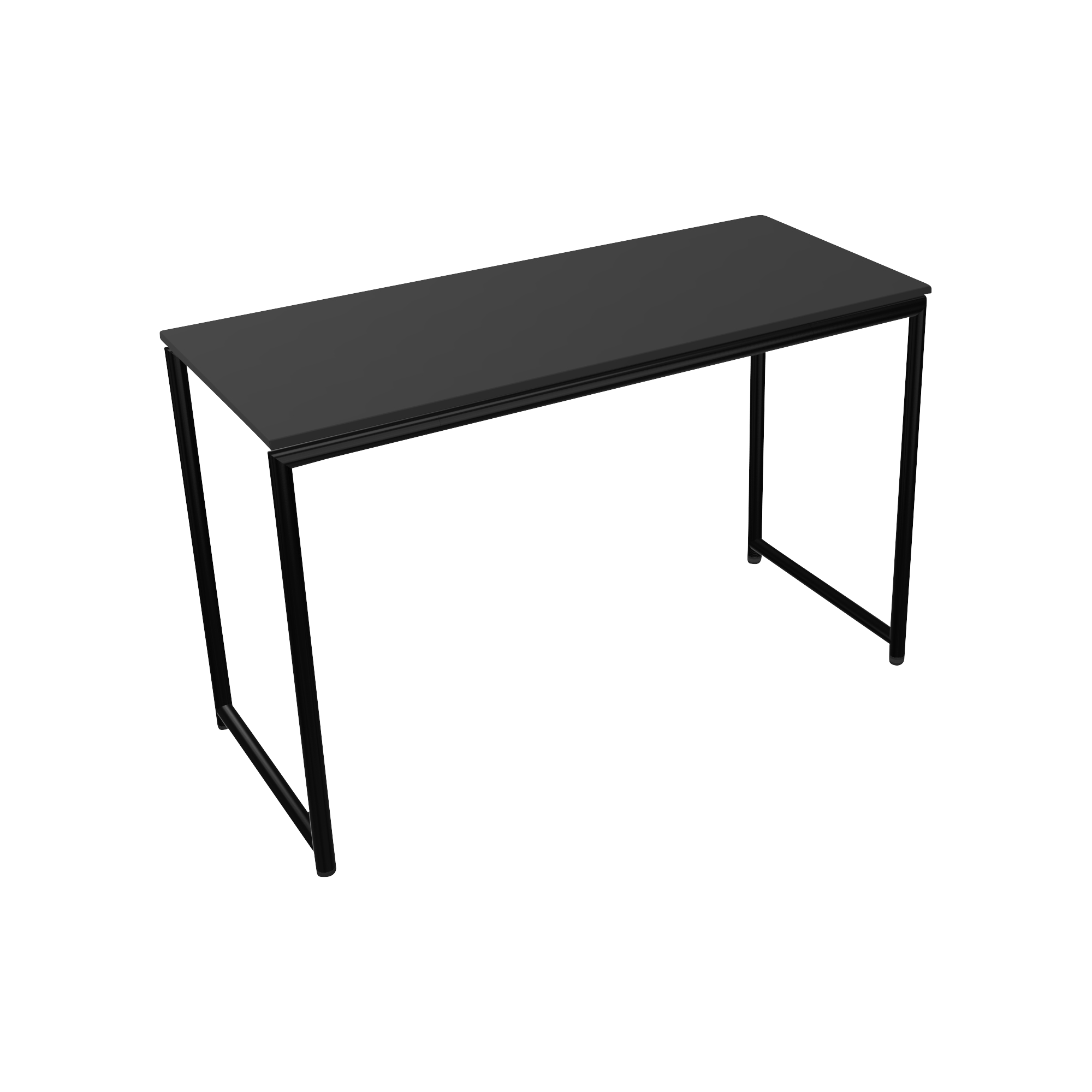 A black desk with a metal frame and two legs