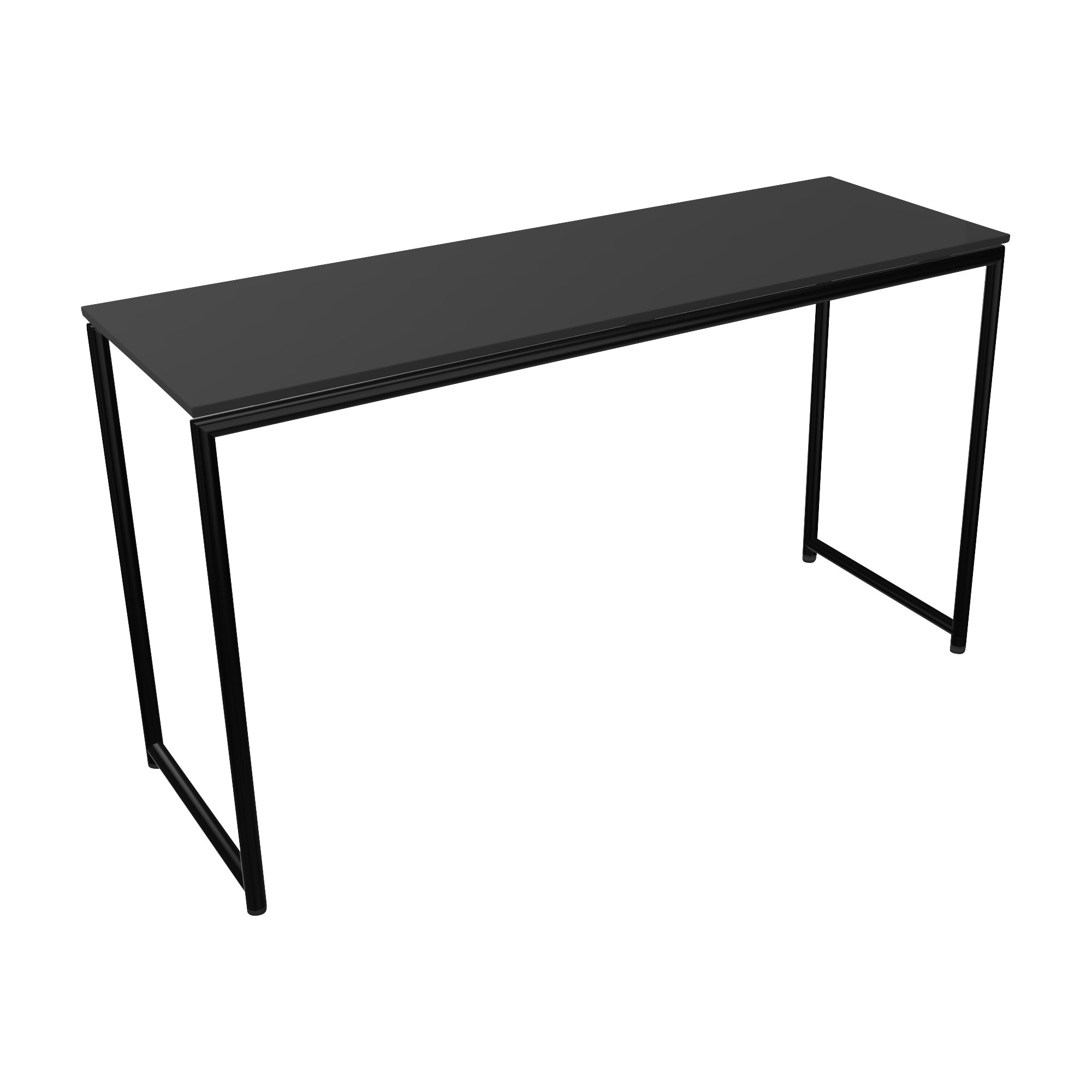 A counter height black desk with a metal frame and two legs