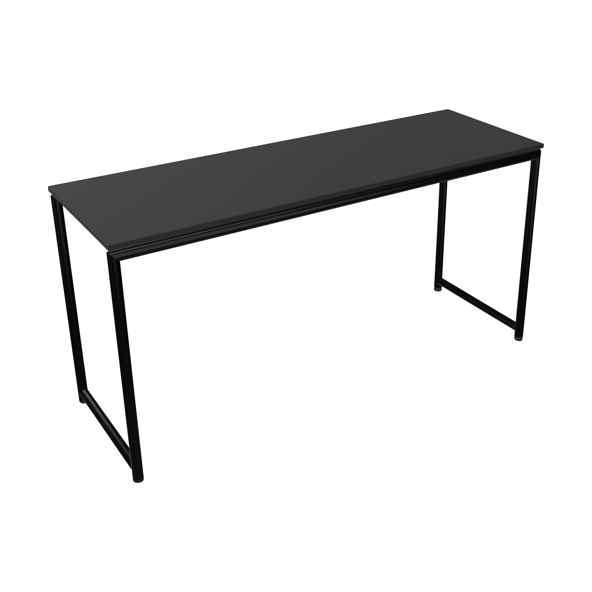 A long black desk with a metal frame and two legs