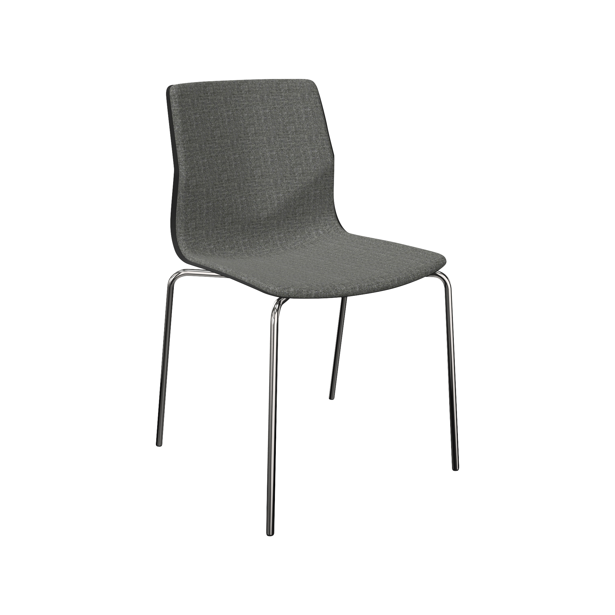 A grey chair with chrome legs