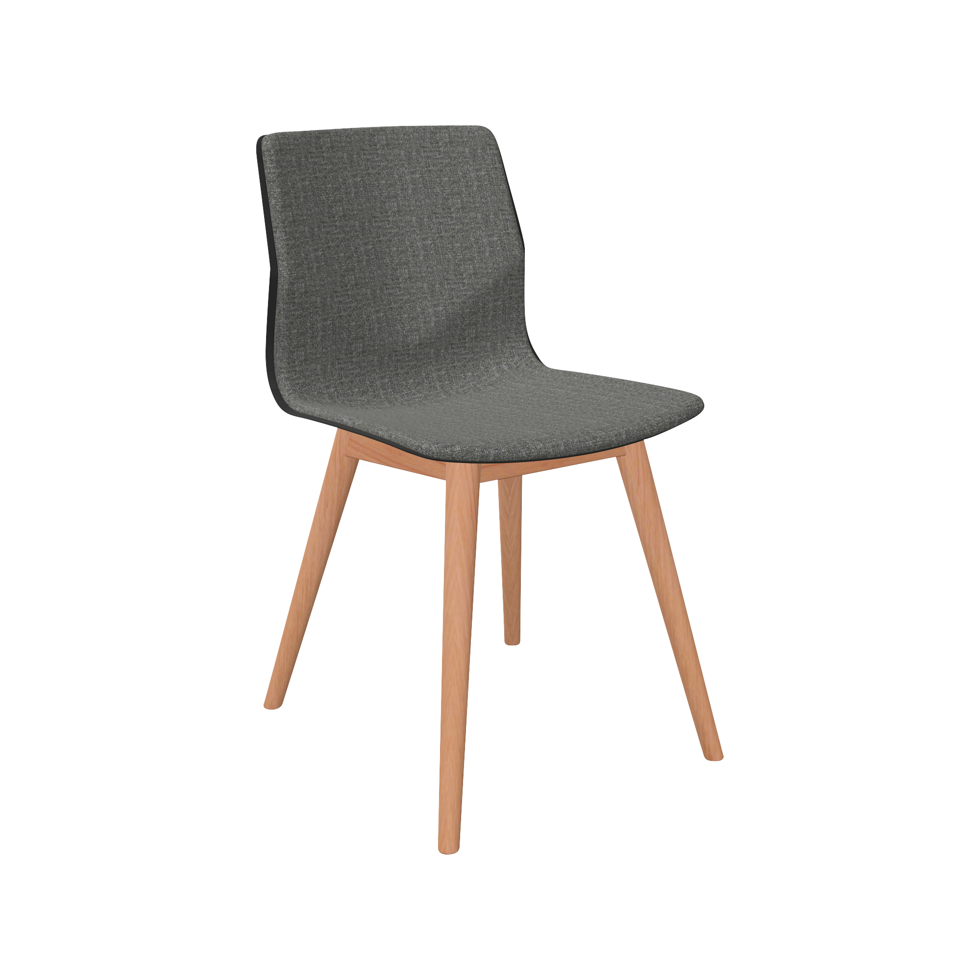 A grey dining chair with wooden legs.