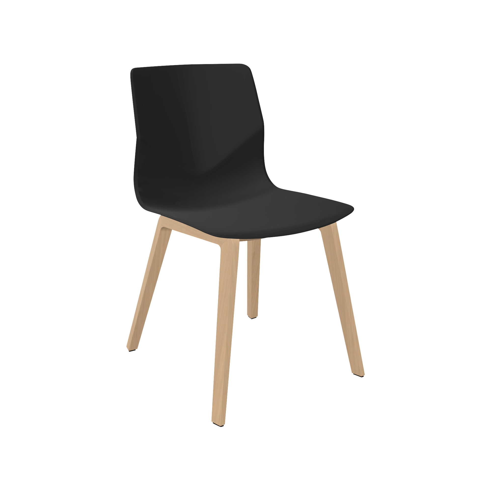 A black dining chair with wooden legs.