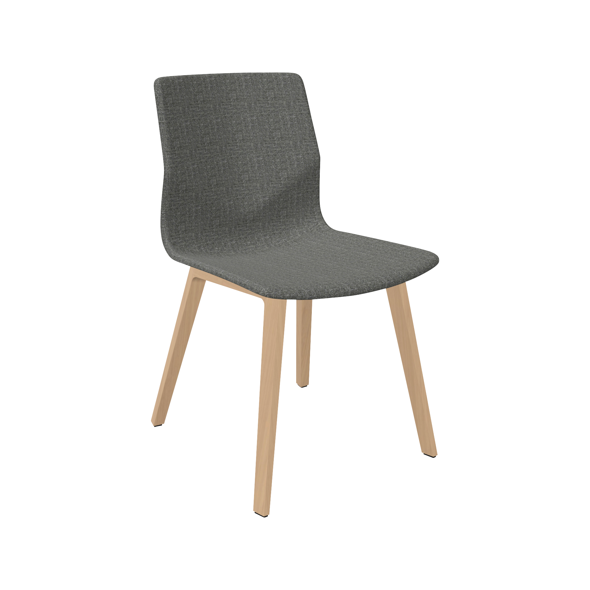 A grey dining chair with wooden legs.