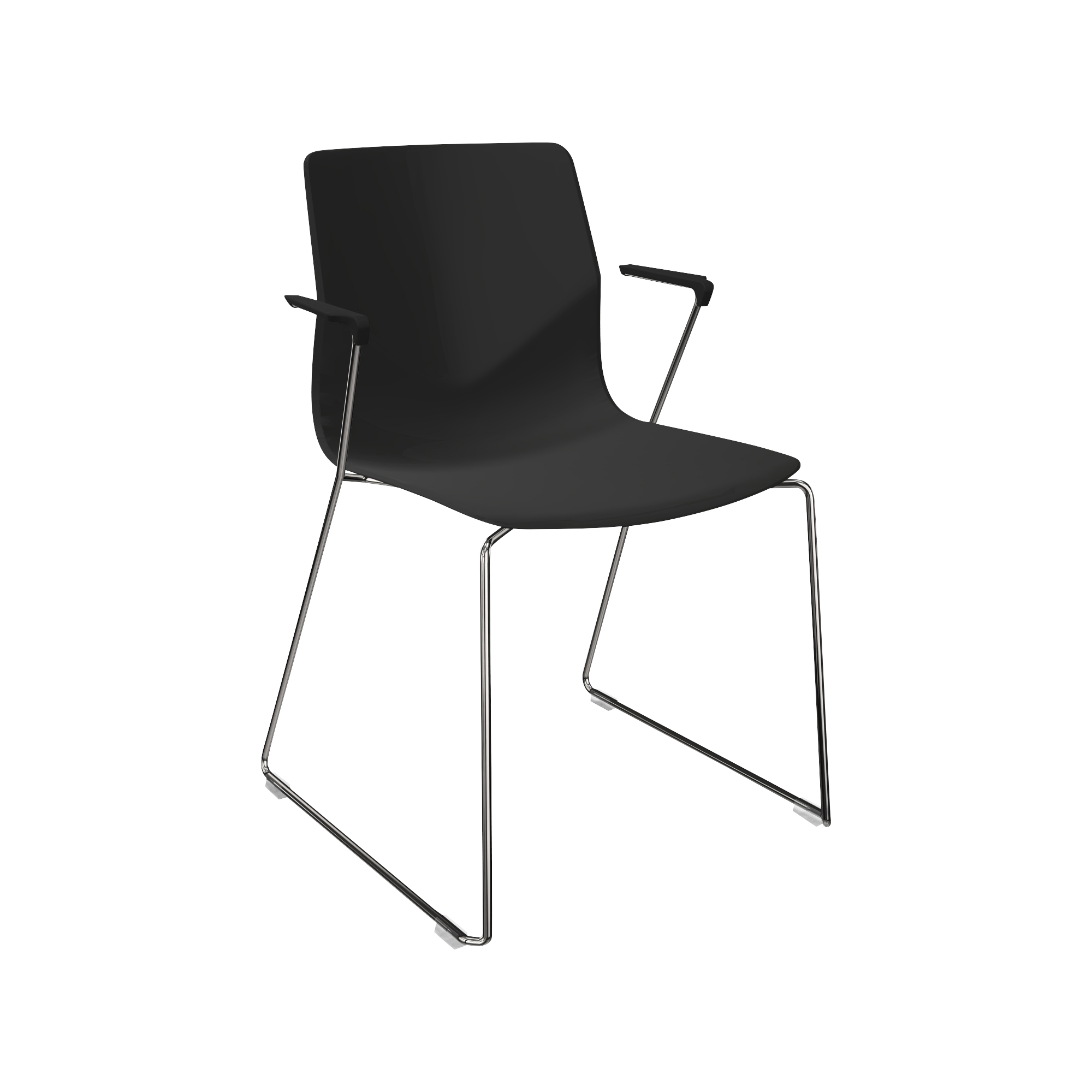 A black plastic chair with a metal frame.