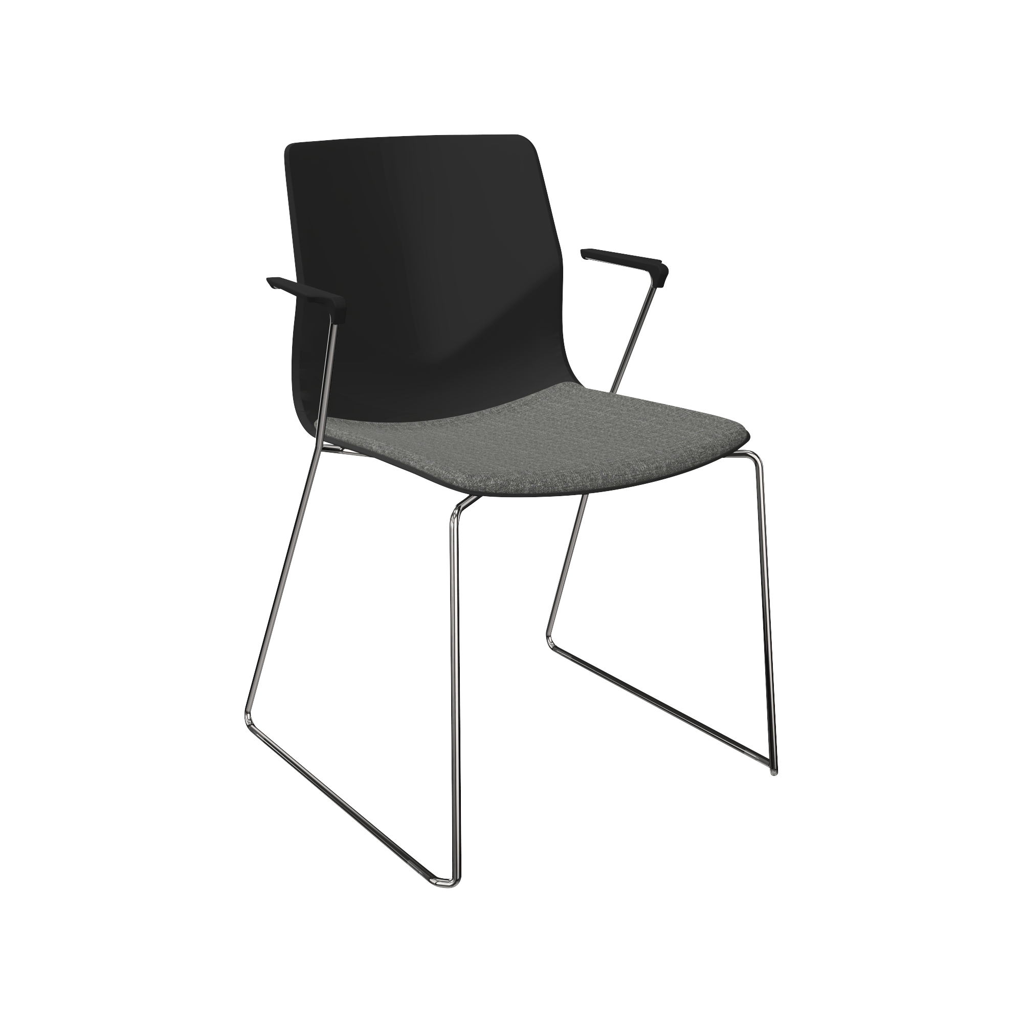 A gray chair with a metal frame