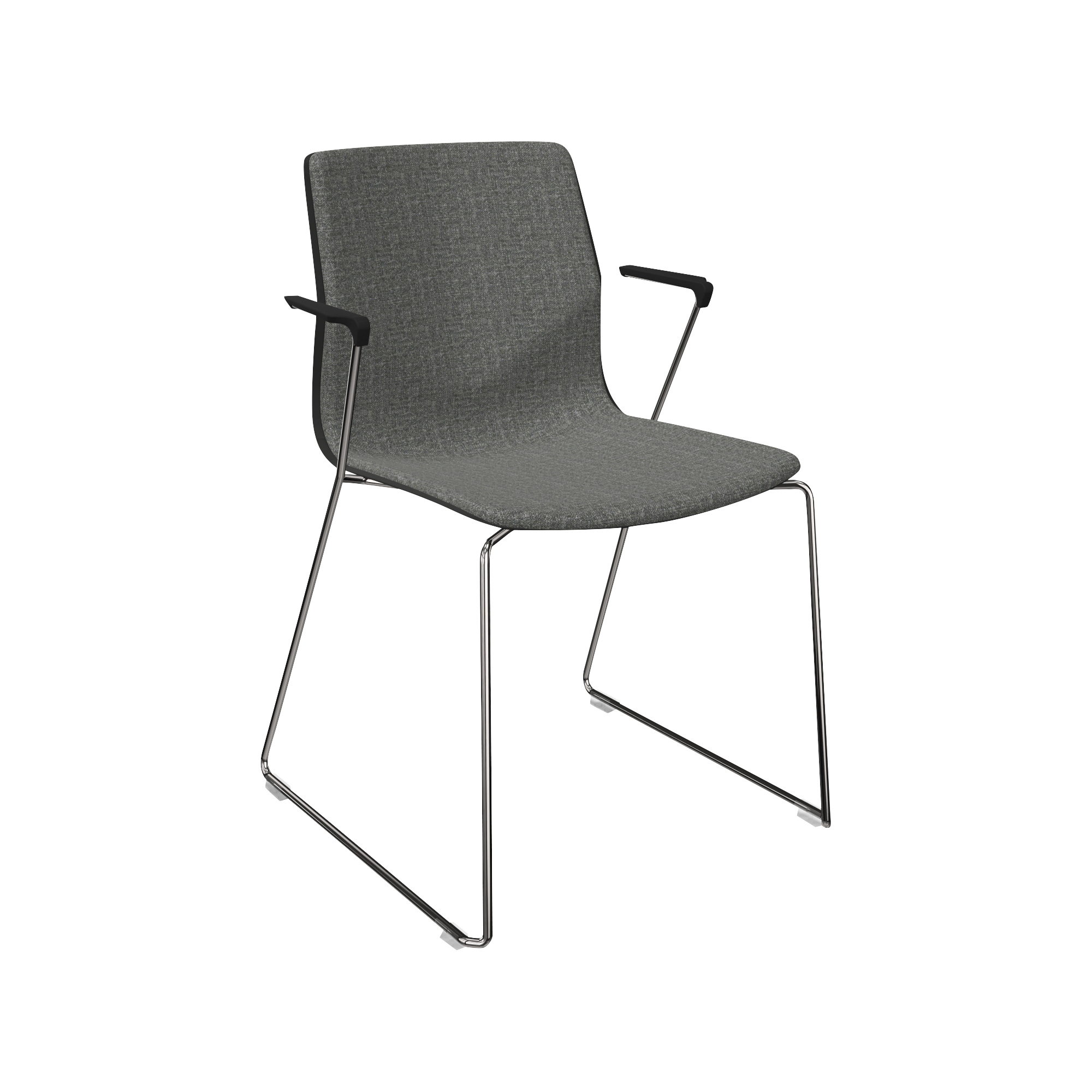 A grey chair with a metal frame