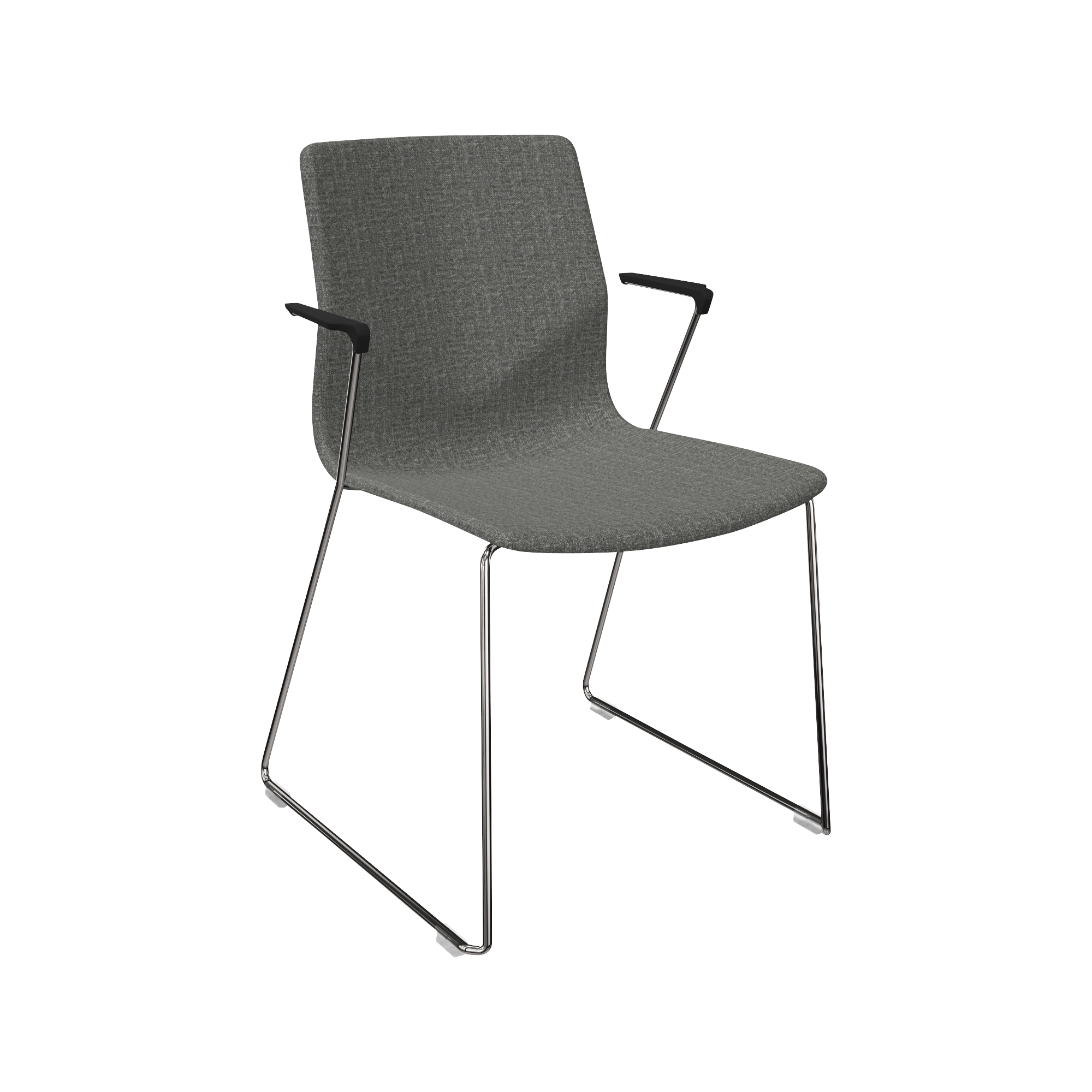 A grey upholstered chair with a metal frame.