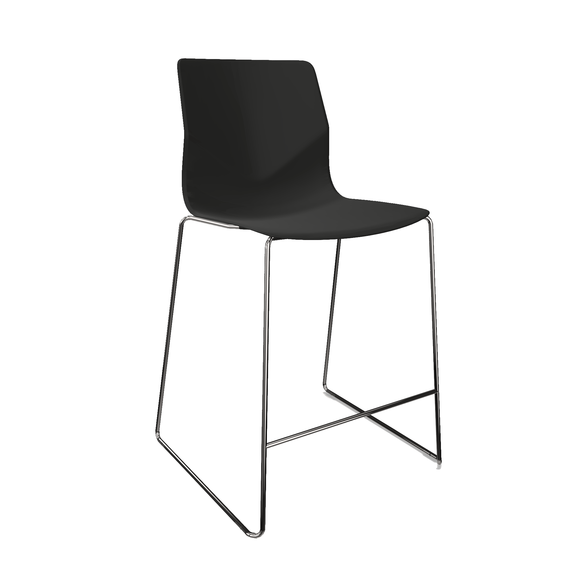 A black mid height counter chair with 2 chrome legs