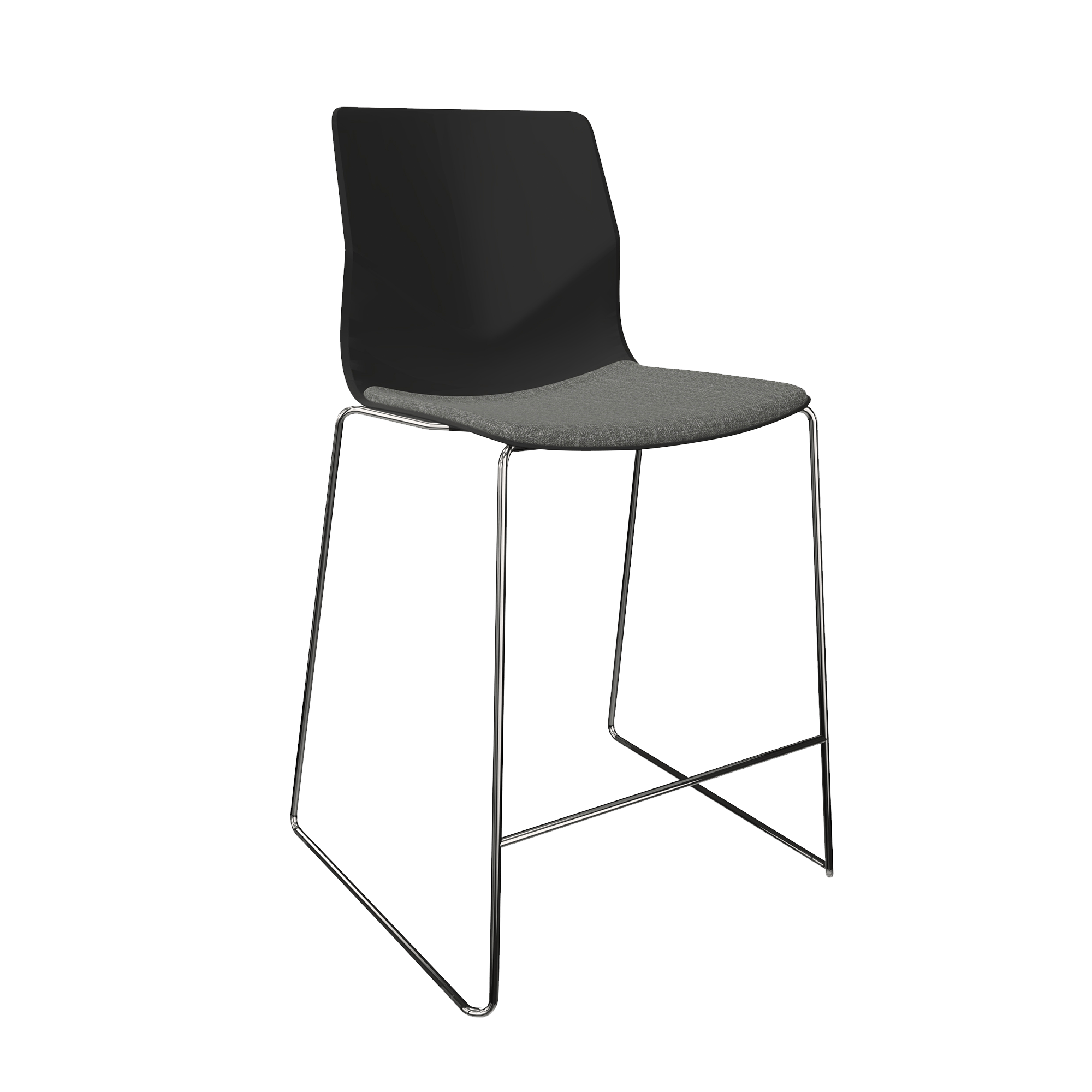 A black and grey mid height counter chair with 2 chrome legs