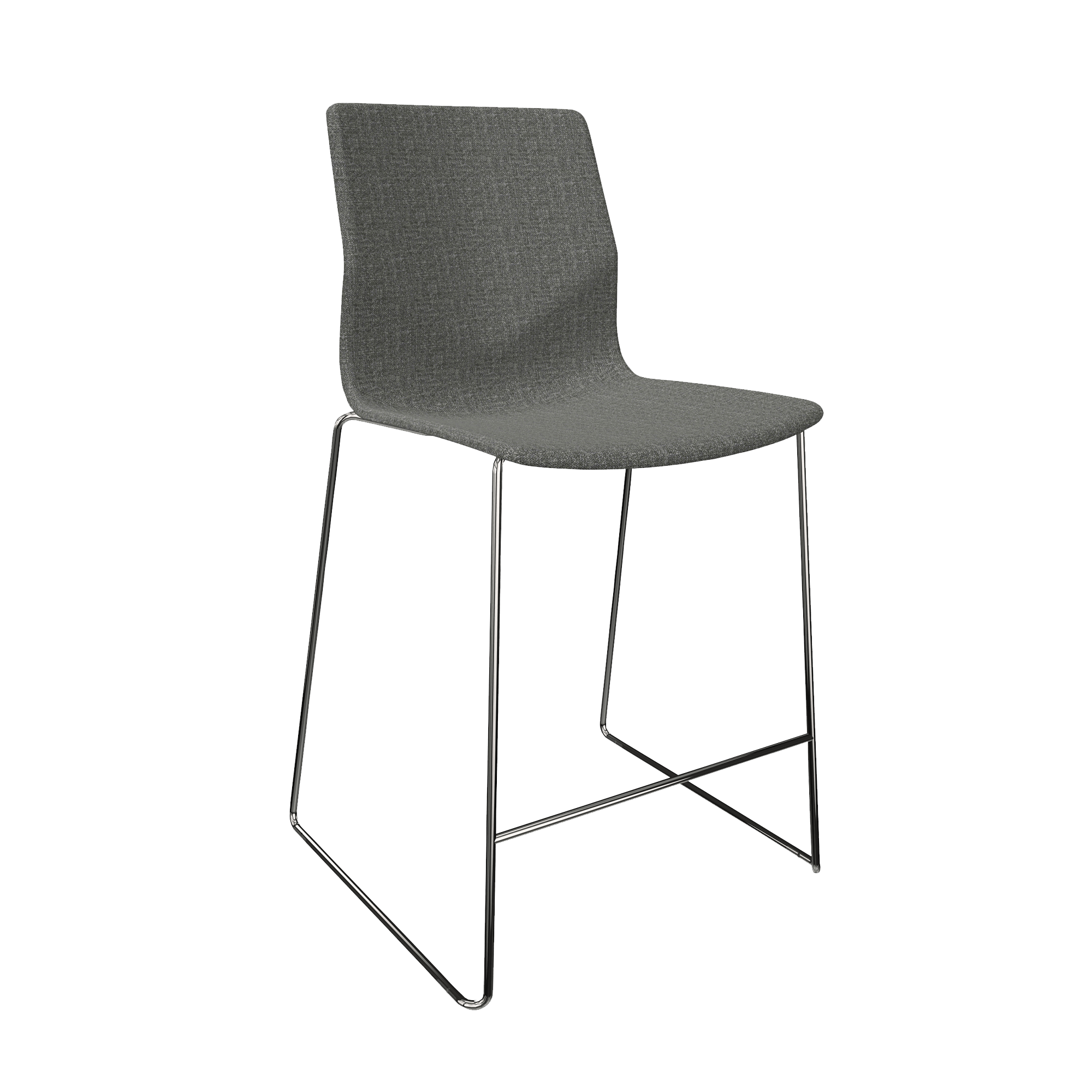 A grey mid height counter chair with 2 chrome legs