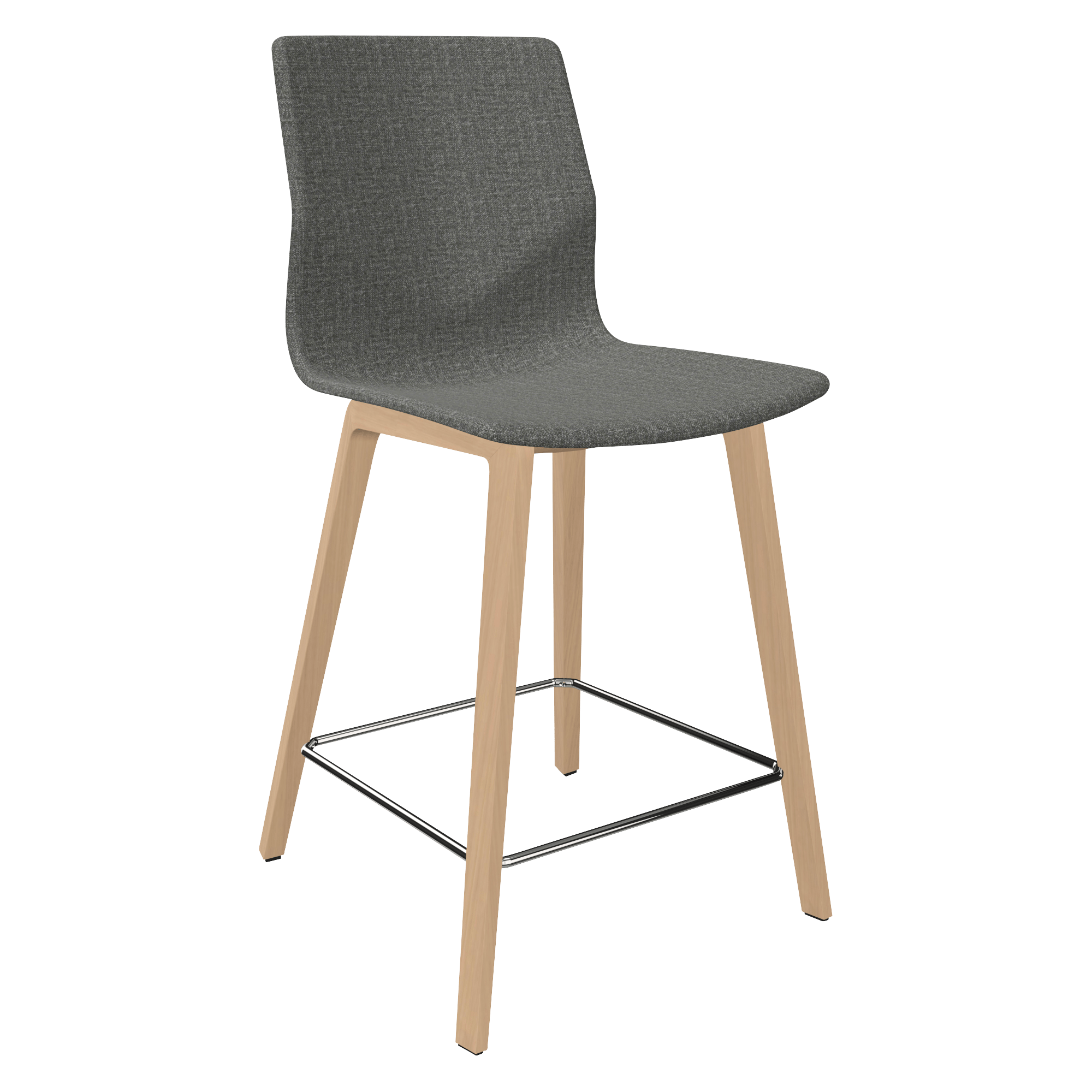 A grey mid height counter chair with 4 wooden legs